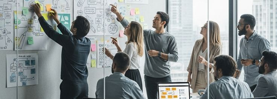 A group of people in business attire collaborate in a modern office, standing by a large whiteboard covered with diagrams, notes, and sticky notes, while others sit at a table with laptops and papers.