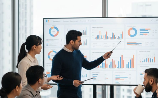 A group of five people in business attire discuss various charts and graphs displayed on a large screen during a meeting in a modern office with city buildings visible through the windows.