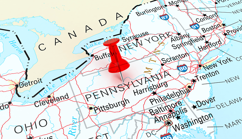 A map highlighting the northeastern United States and southeastern Canada, with a large red pushpin marking a location in northwestern Pennsylvania near Lake Erie. Major cities and highways are labeled.