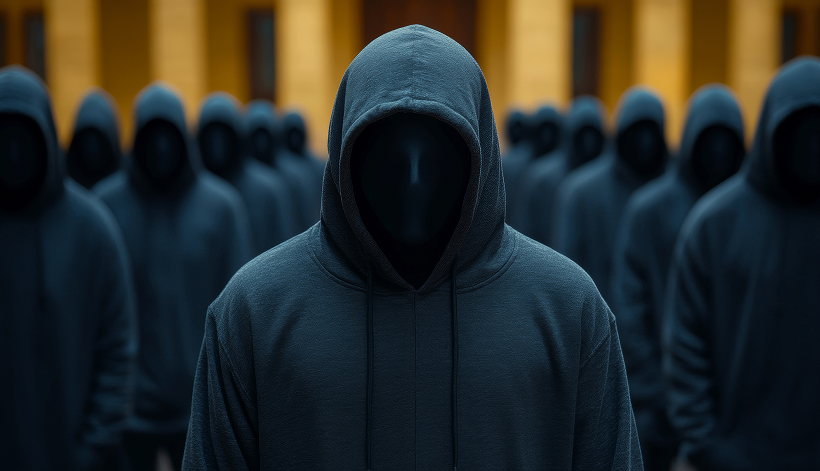A group of faceless figures wearing dark hooded sweatshirts stands in rows outdoors, with a building featuring yellow walls and large doorways in the background.