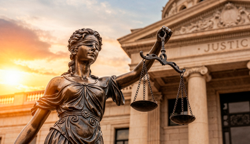 A bronze statue of Lady Justice holding scales and a sword stands in front of a courthouse with columns. The word "Justice" is visible on the building, and the sun is setting in the background.