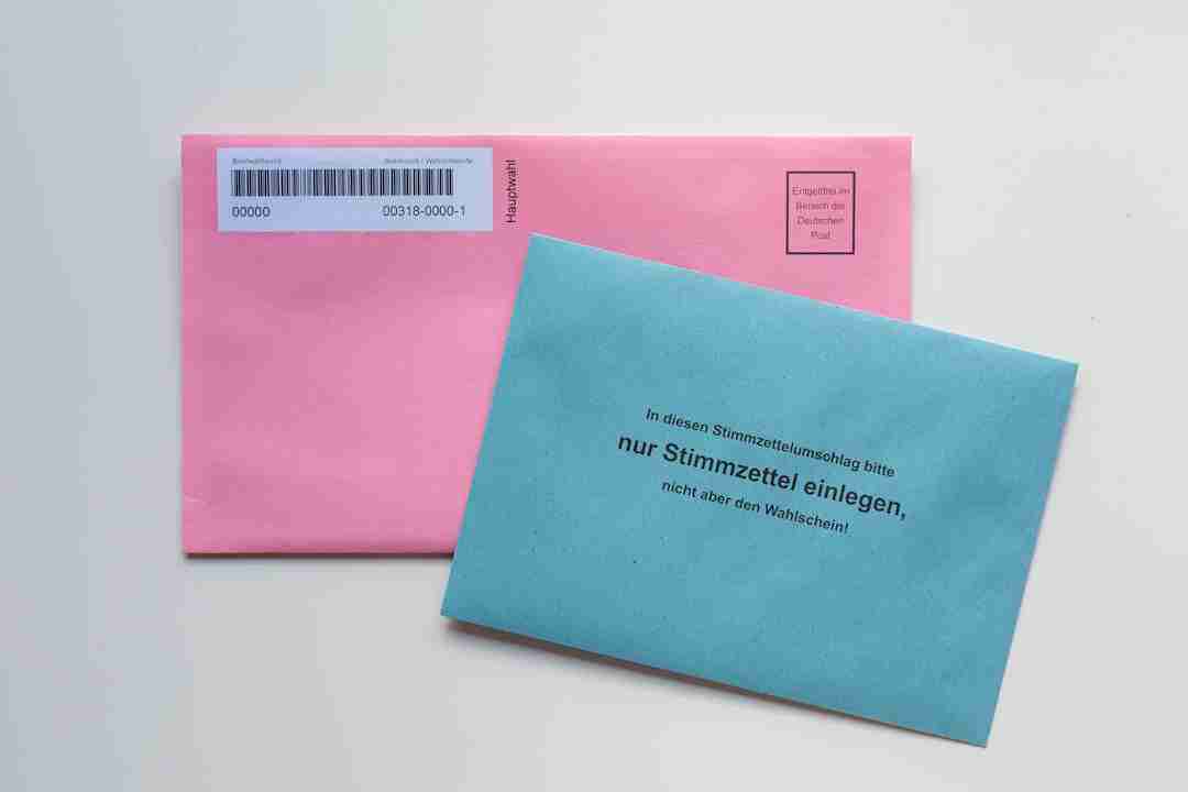 A pink envelope and a blue envelope are placed on a white surface. The blue envelope has German text instructing that only ballot papers, not the voting slip, should be inserted. The pink envelope has a barcode label.