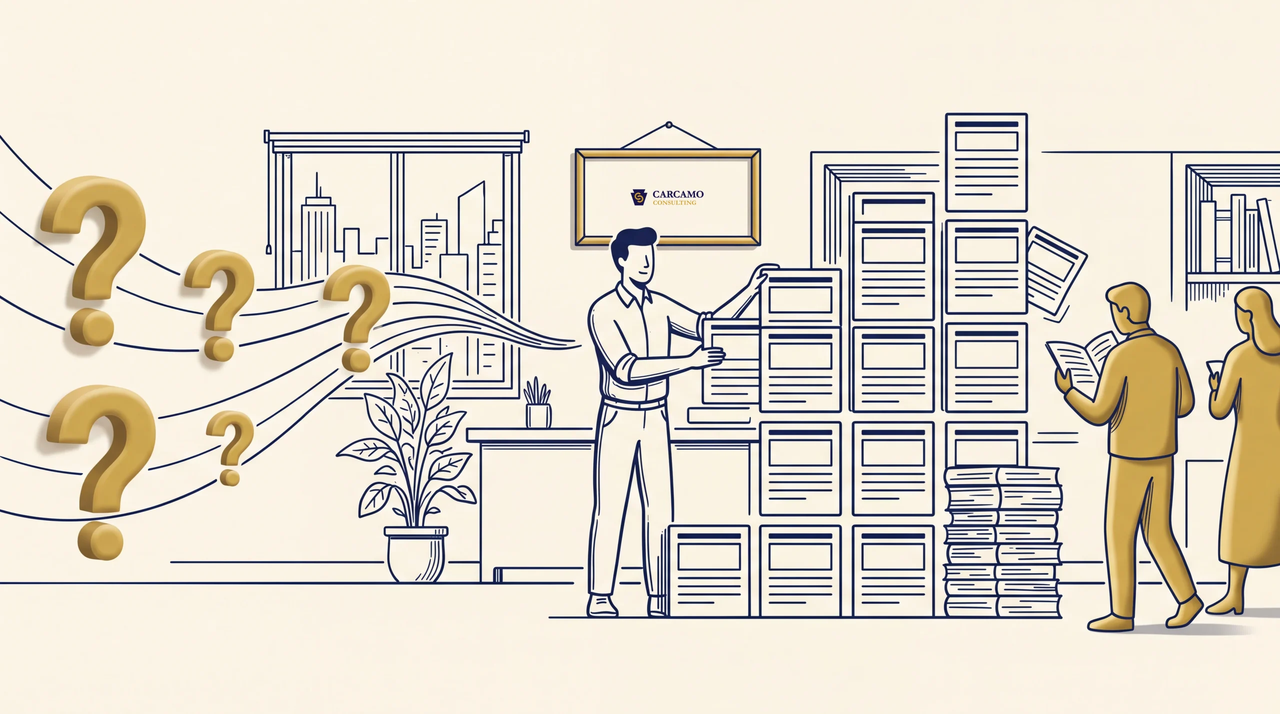 Illustration of three people in an office with stacks of paper files and boxes. Question marks float near a window with a city view. A framed certificate is on the wall, and a potted plant sits below the window.