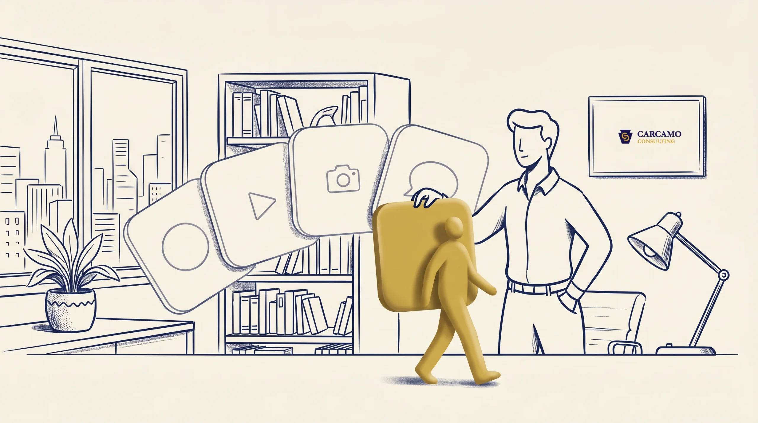 A gold 3D human figure walks in front of a line of icons, including a circle, triangle, and camera, while a drawn man stands near bookshelves in an office labeled "CÁRCAMO CONSULTING.
