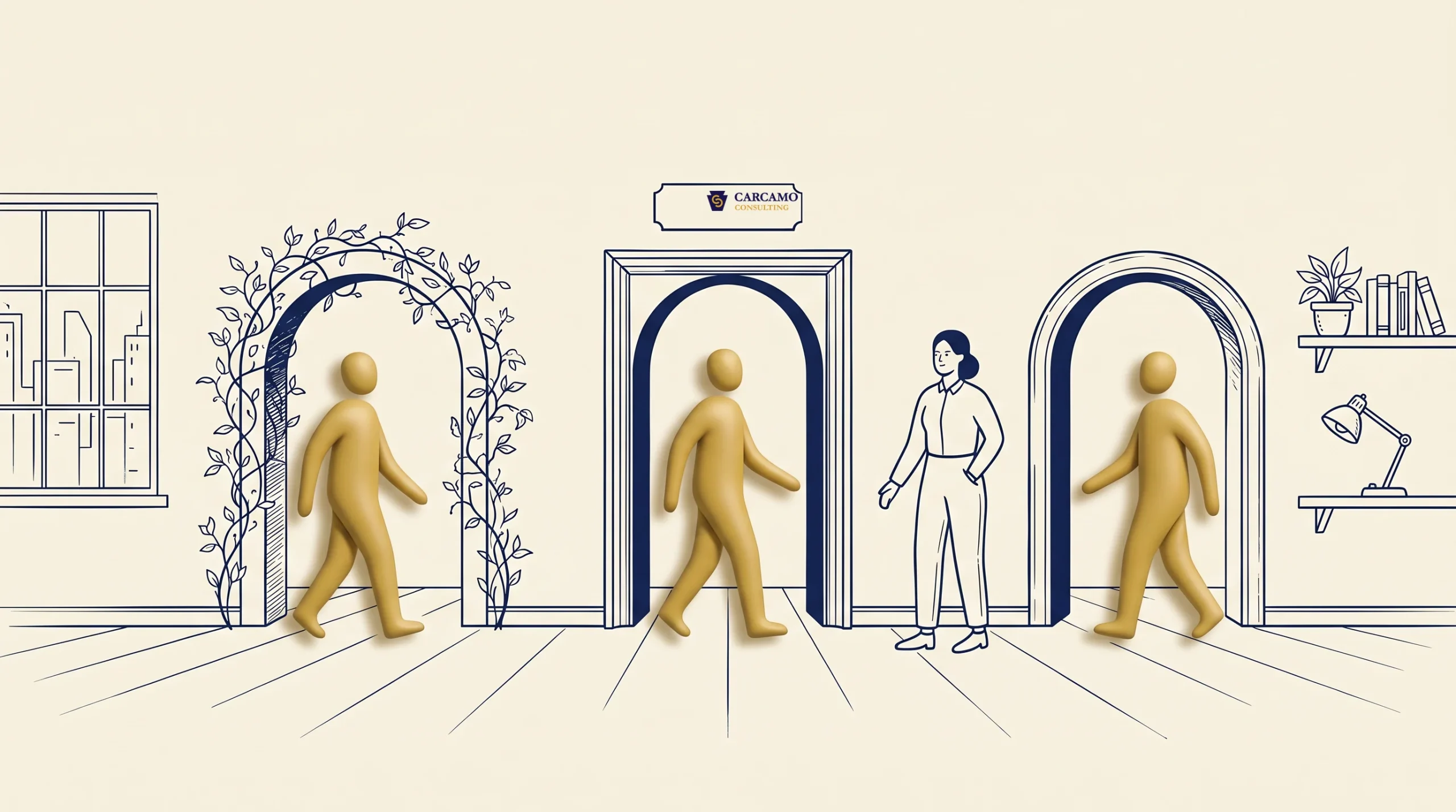 Illustration of two gold-colored, faceless human figures walking through separate doorways, a third doorway with a woman standing nearby, and shelves with books and a lamp on the right. A sign above one arch reads "CARCANO Academy.
