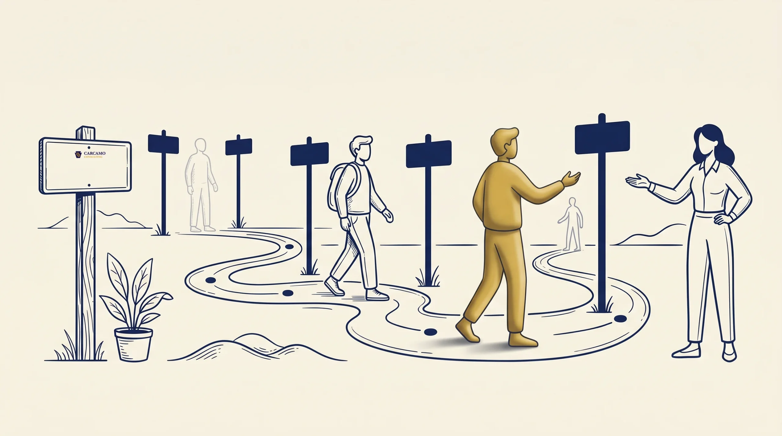 Illustration of people walking along a winding path with signposts. Some figures are colored gold, others are outlined. A plant sits on the left and a woman stands on the right, gesturing toward a man approaching her.