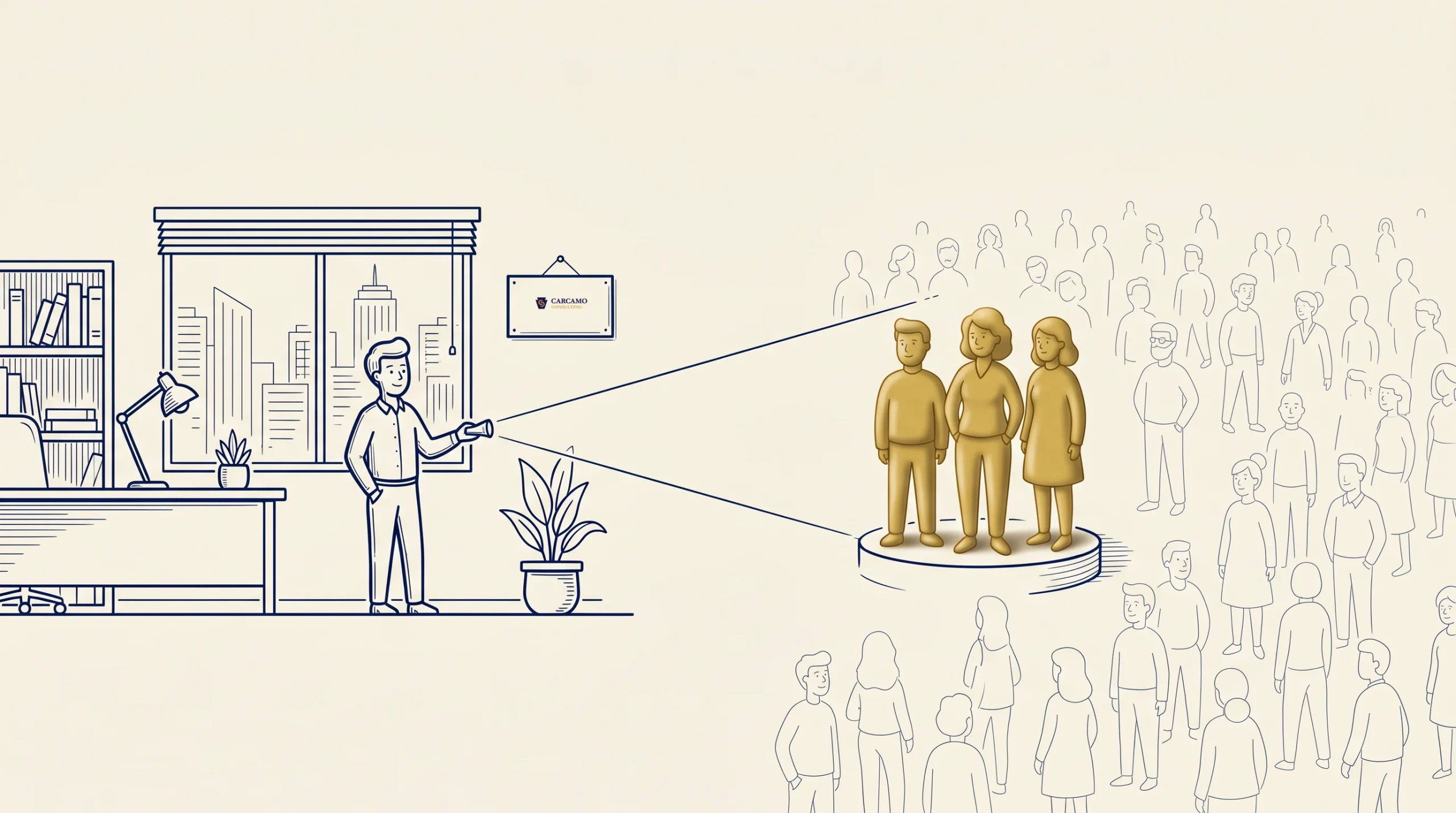 An illustrated person in an office points to three highlighted gold figures standing among a larger crowd, symbolizing targeting or selecting a specific group from a broader audience.