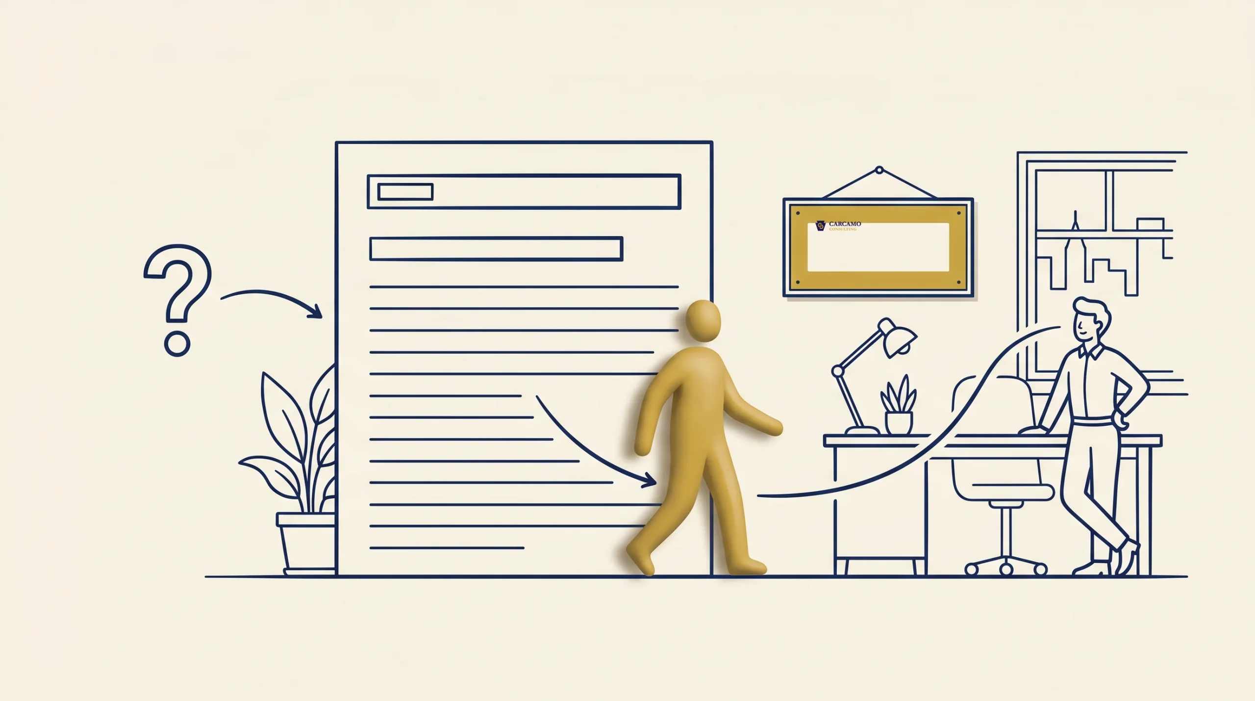 A yellow 3D human figure walks from a large document toward a desk with a person working at a computer; arrows and question mark suggest a process or workflow. There are plants and a framed picture on the wall.