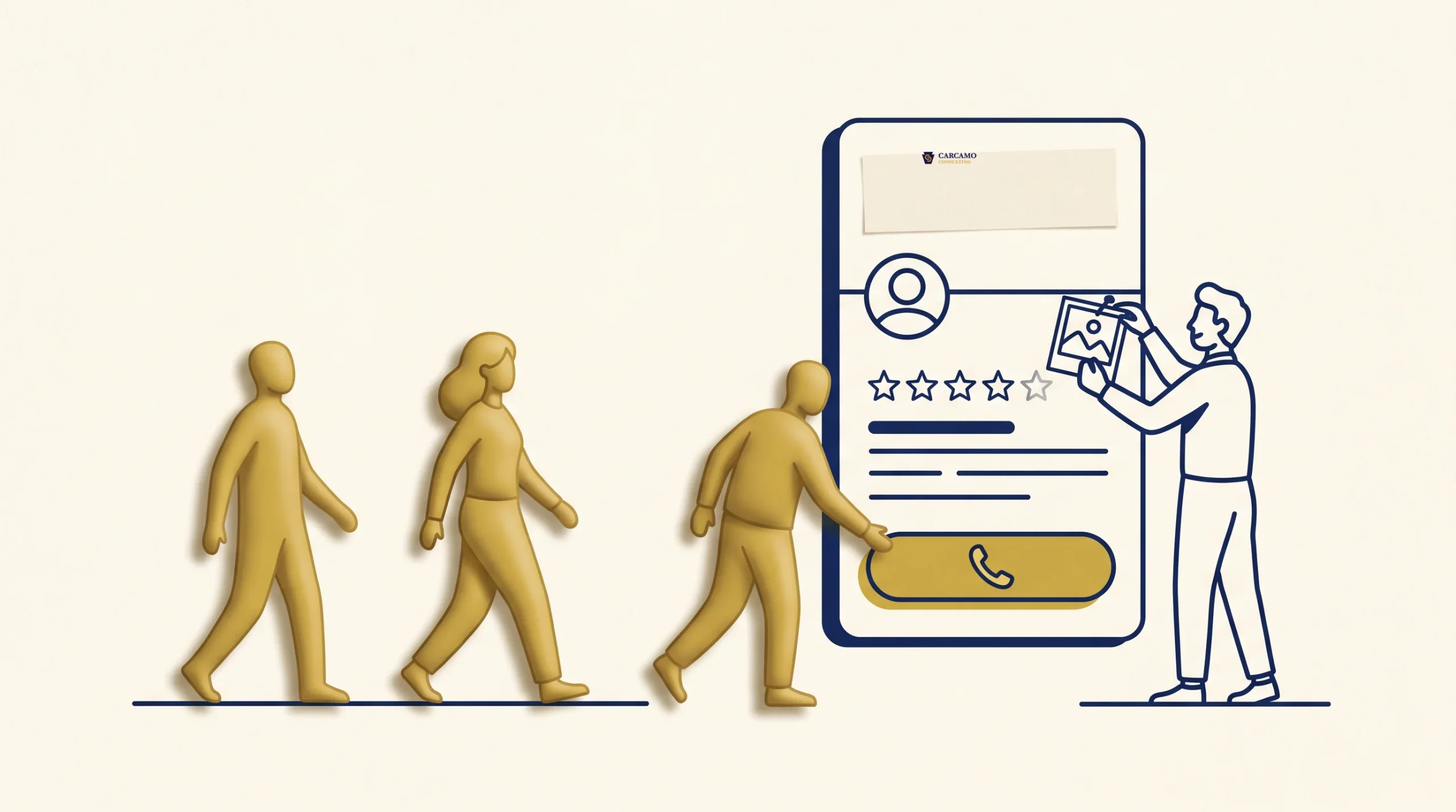 Three gold-colored, simplified human figures walk toward a large illustrated smartphone screen showing a profile with stars and a call button, while another figure holds up a document near the phone.