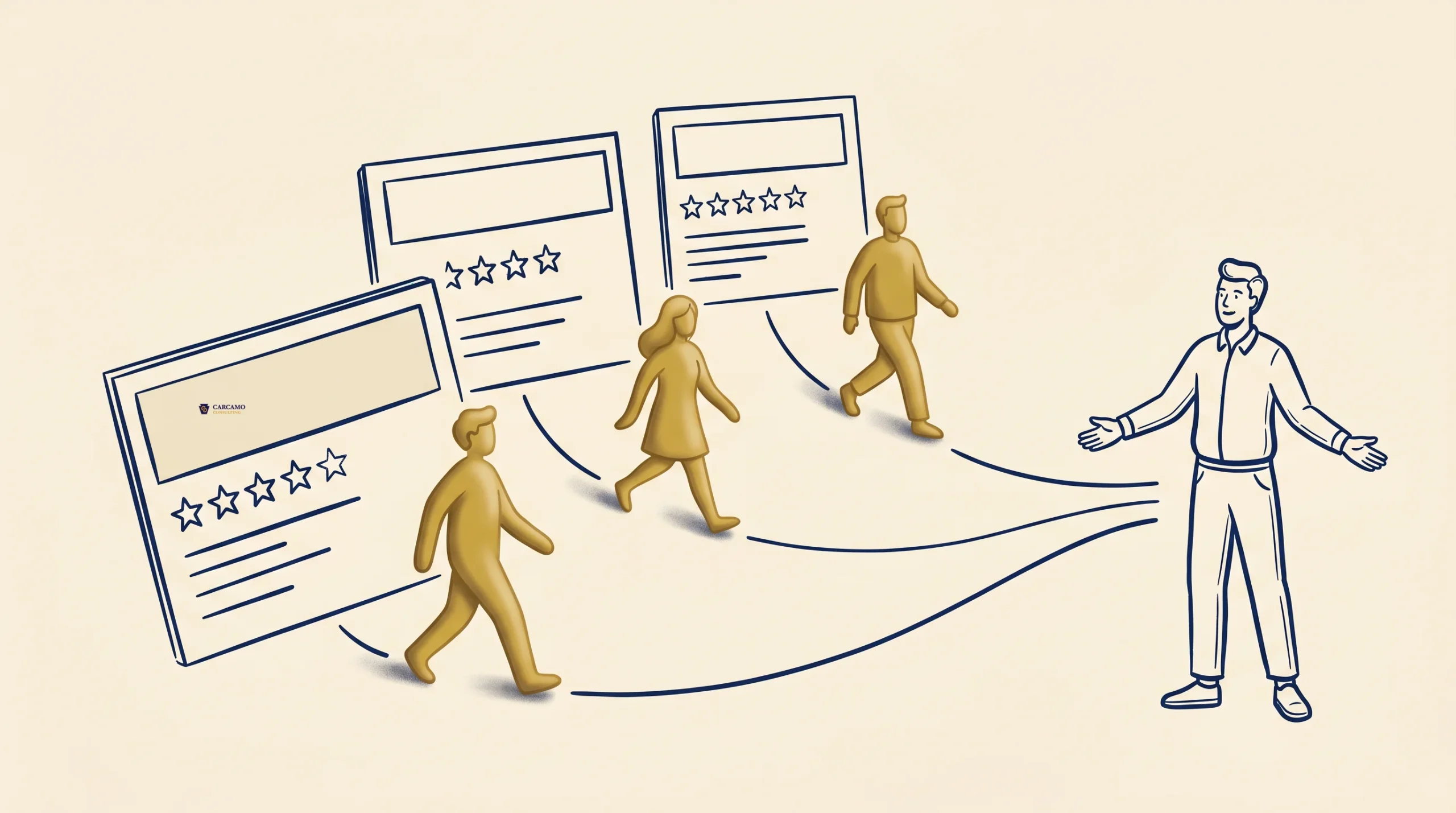 Illustration of three gold-colored figures walking from large online review cards showing star ratings toward a person with open arms, symbolizing how reviews influence people’s decisions.