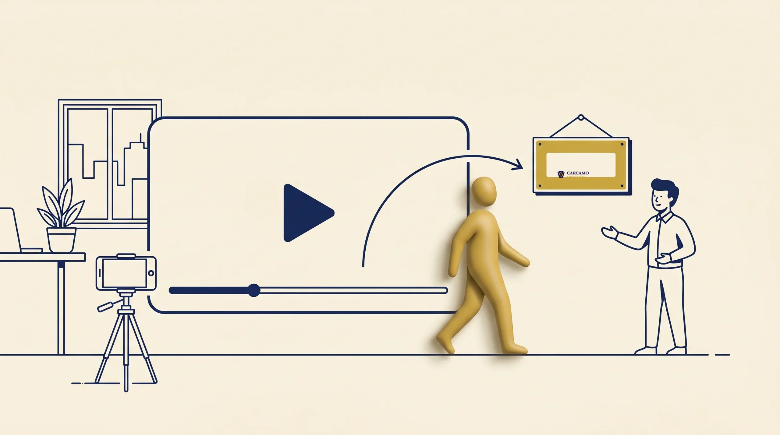A yellow 3D figure walks from a screen displaying a play button toward a person holding a certificate. Office items like a laptop, plant, and camera appear on the left, suggesting video and online learning.