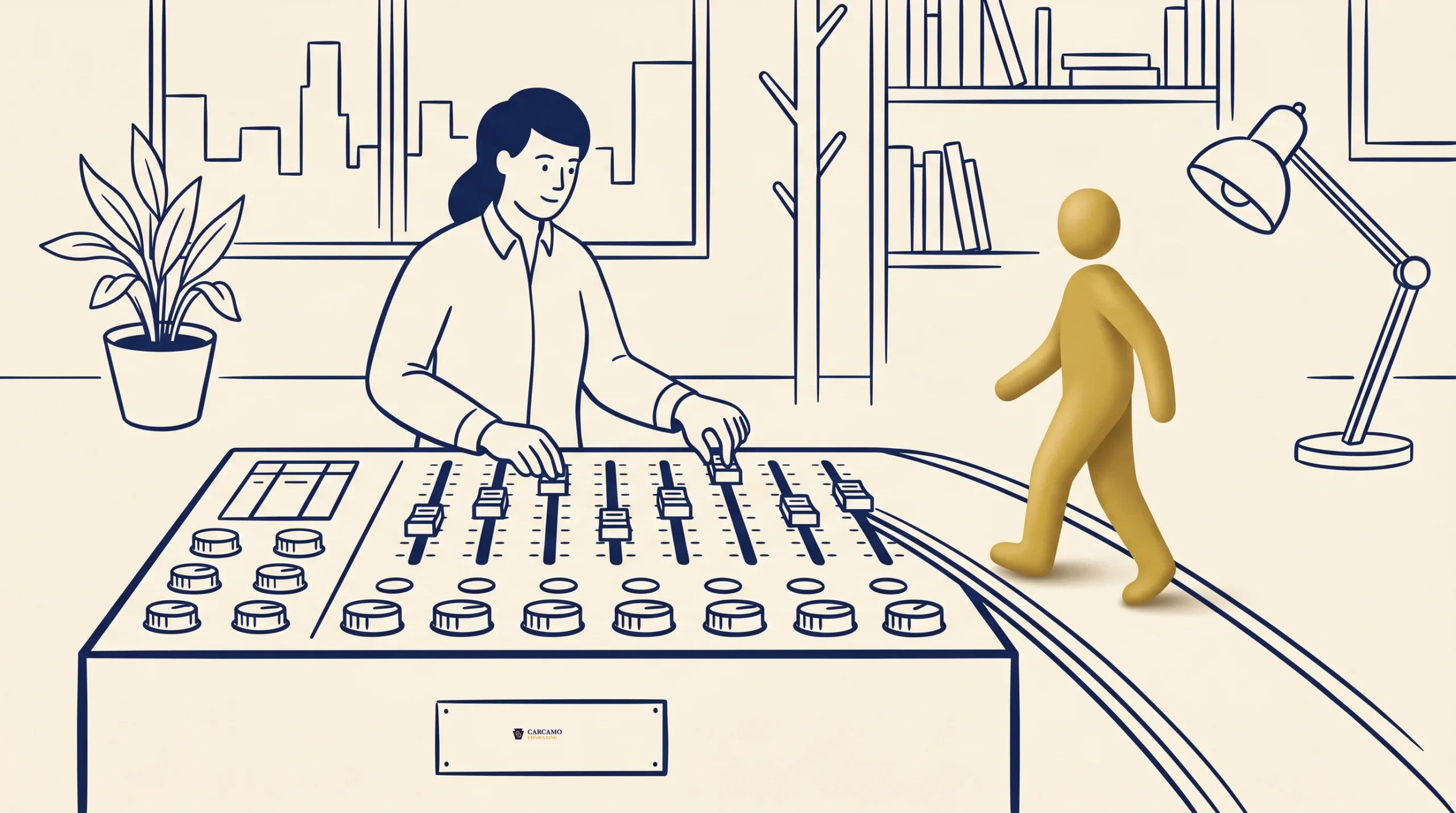 A person adjusts controls on a large audio mixing console while a stylized yellow figure walks toward it in a room with bookshelves, a plant, a window, and a floor lamp.