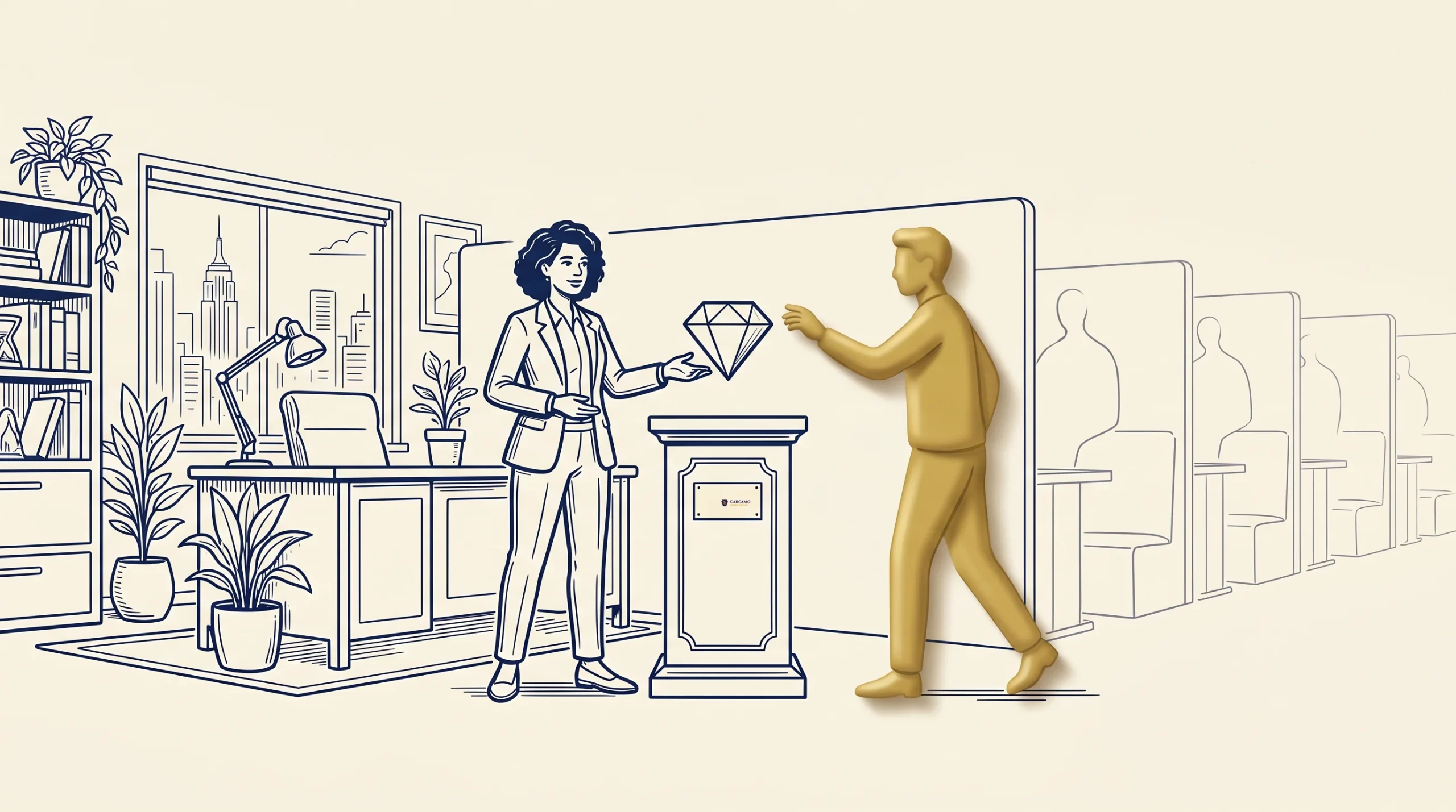 A gold-colored person hands a large diamond to a woman standing at a pedestal in an office, with detailed line art of office furniture and cityscape in the background.