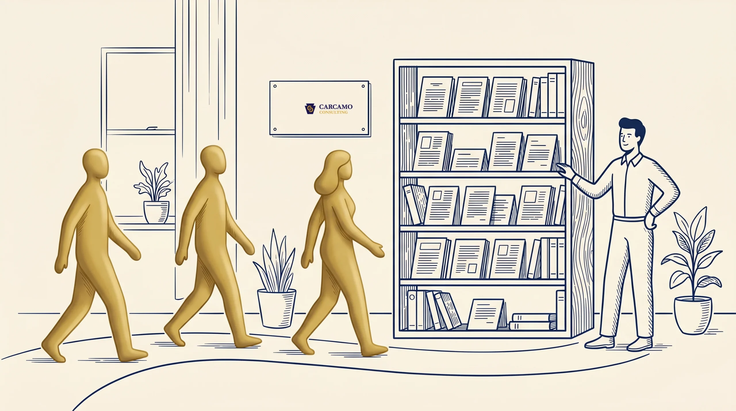 Three yellow, stylized human figures walk toward a bookshelf, where a drawn person stands facing them. The scene is decorated with plants and a wall sign that reads "CABINMAD.