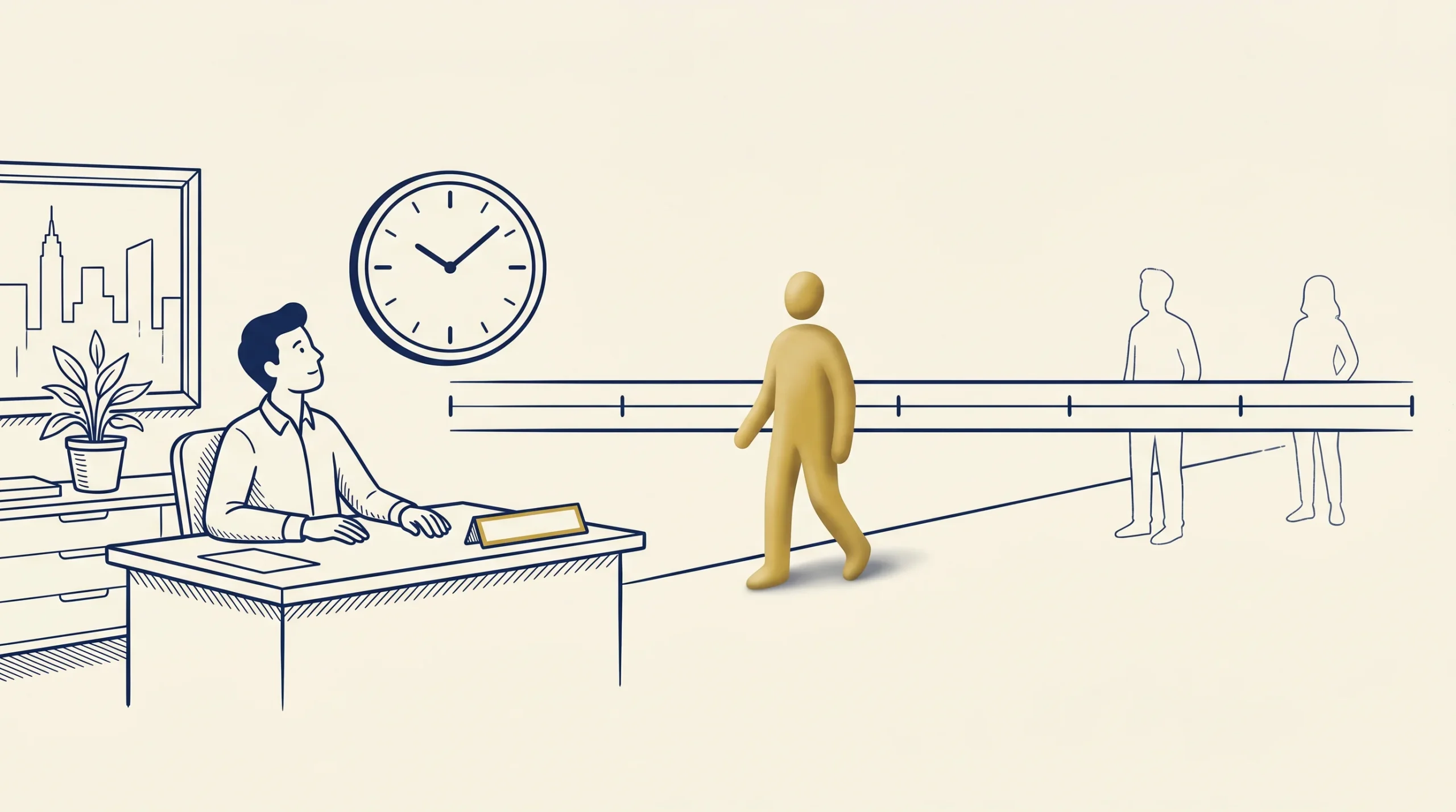 An illustrated office scene shows a person at a desk with a clock on the wall, while a gold figure walks along a timeline, and another outline figure stands further down the line.