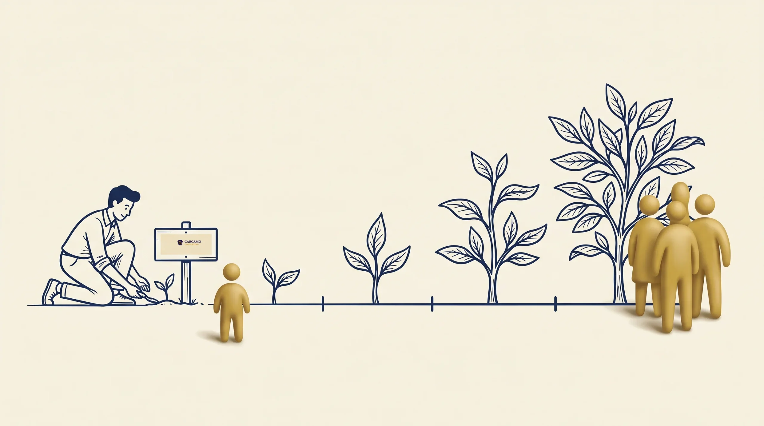 A person kneels to plant a seedling while a small figure observes a sign. Illustrated plants at various growth stages lead to a group of three figures standing together by a large, mature plant.