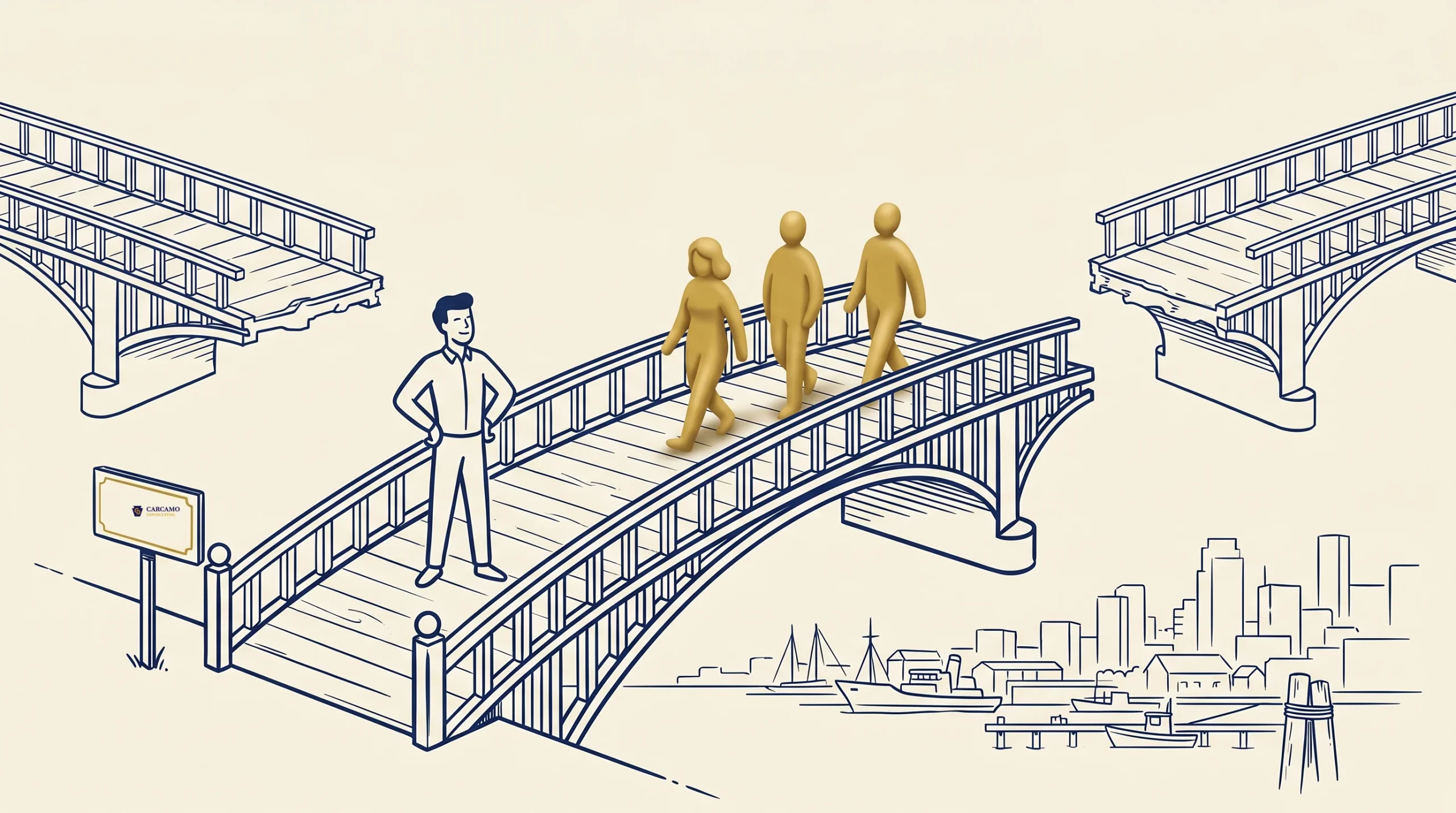 An illustrated scene shows a person standing on one end of a bridge while three figures walk across it. The bridge connects drawn cityscapes and is surrounded by sketched buildings and structures.