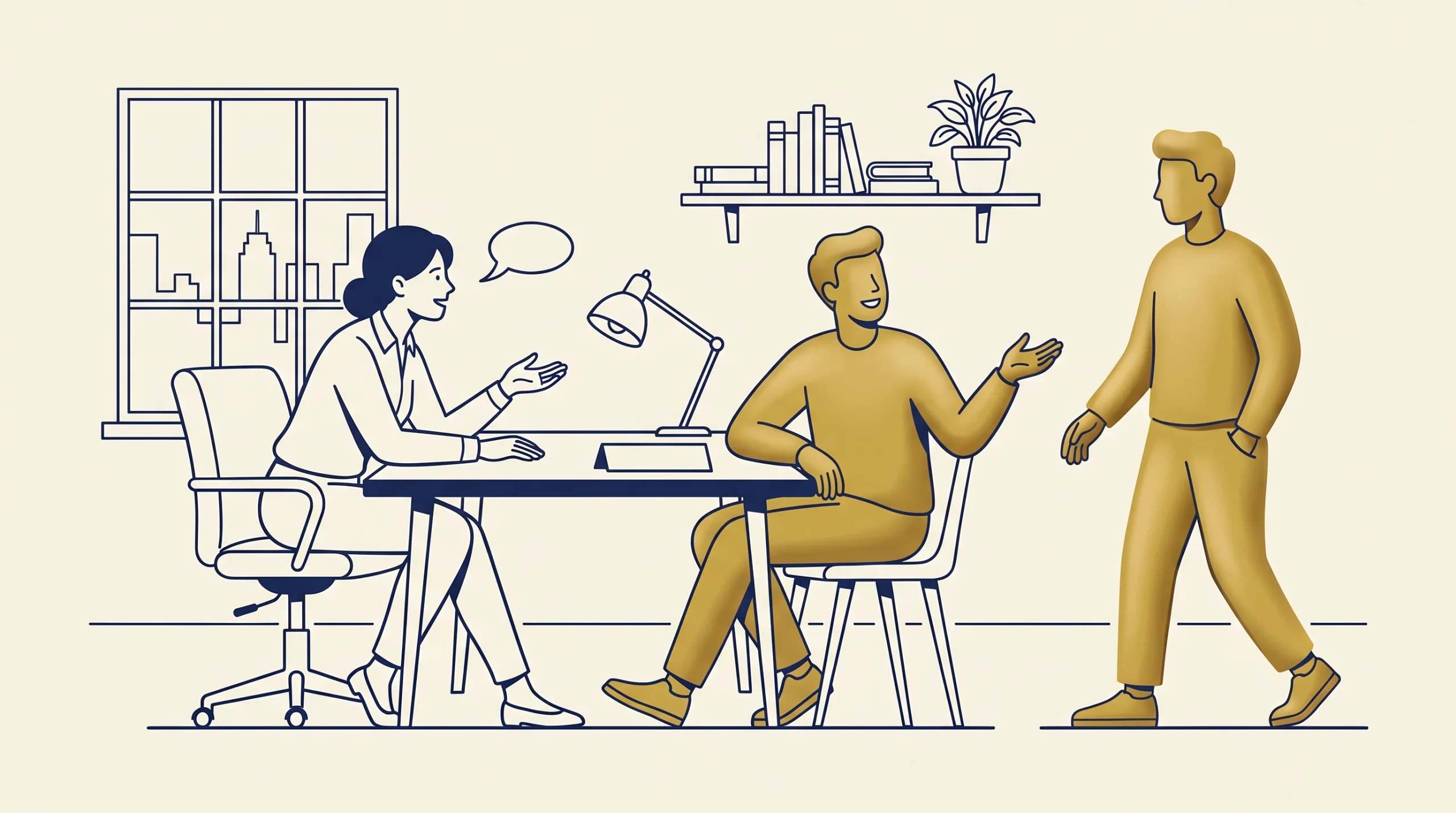 Three people are in an office. One person sits at a desk talking to another who is seated nearby. A third person enters the room. There are shelves, books, a plant, and a window in the background.