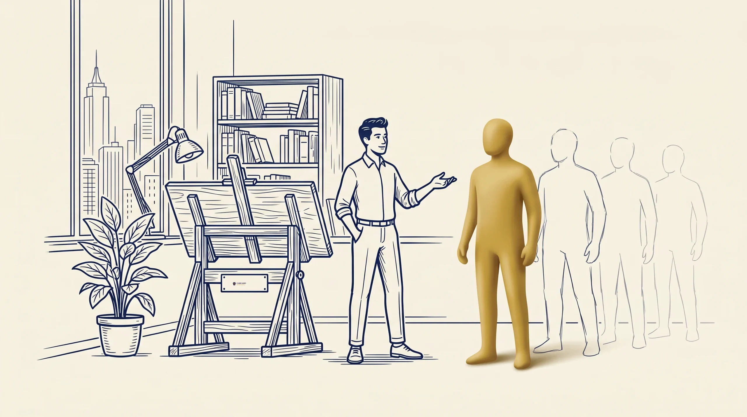 A cartoon man stands in an office with bookshelves, an easel, and a plant, conversing with a gold-colored human figure. Two more faceless figures stand to the right.