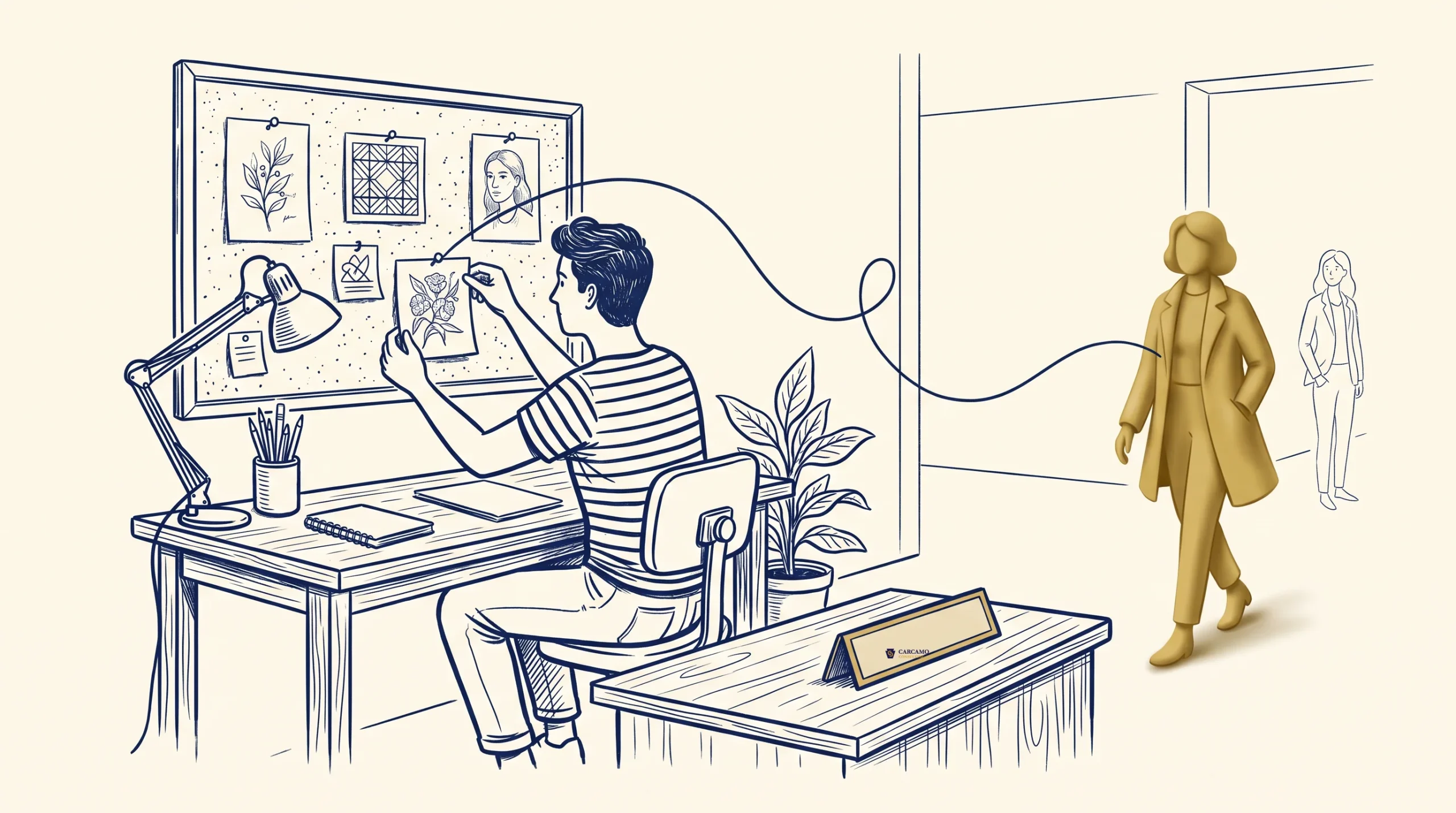 A person sits at a desk pinning papers to a bulletin board while a gold-colored figure stands nearby, connected to the first person by a wavy line. Another person is visible through a doorway in the background.