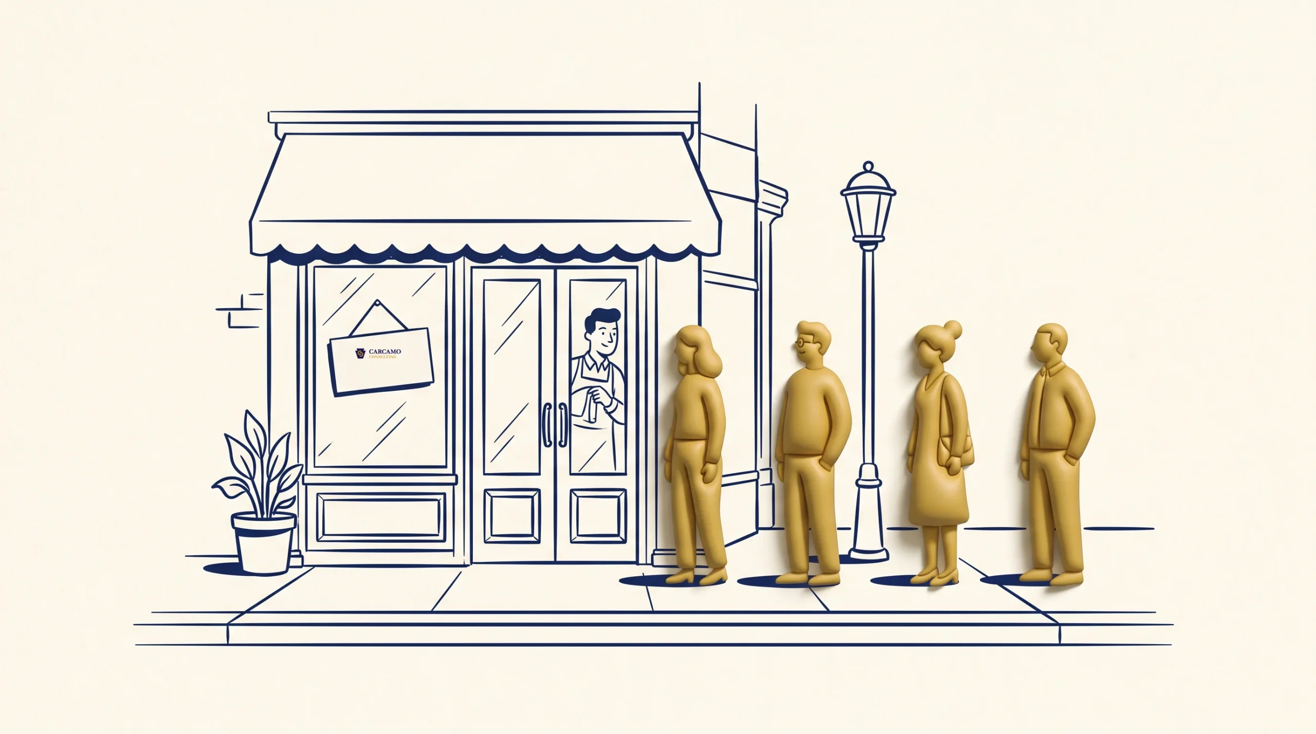 Illustration of four people standing in a line outside a storefront with a striped awning. A person inside holds the door open. There is a potted plant and a streetlamp next to the entrance.