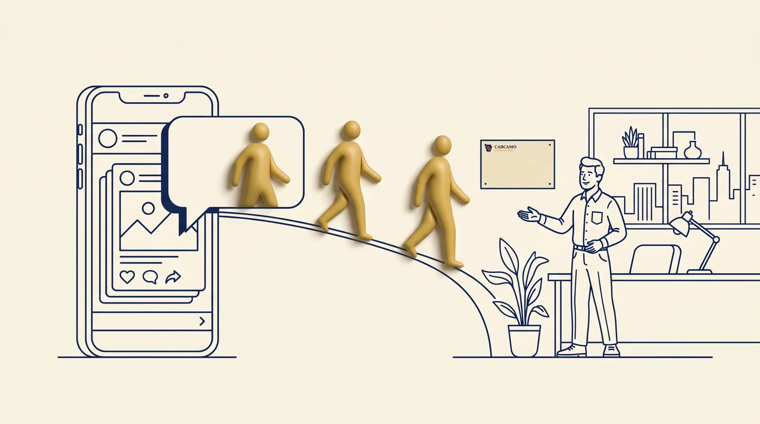 A graphic shows three gold-colored human figures walking from a smartphone with a chat bubble toward a person standing in an office, gesturing near a desk, plant, shelves, and a certificate on the wall.