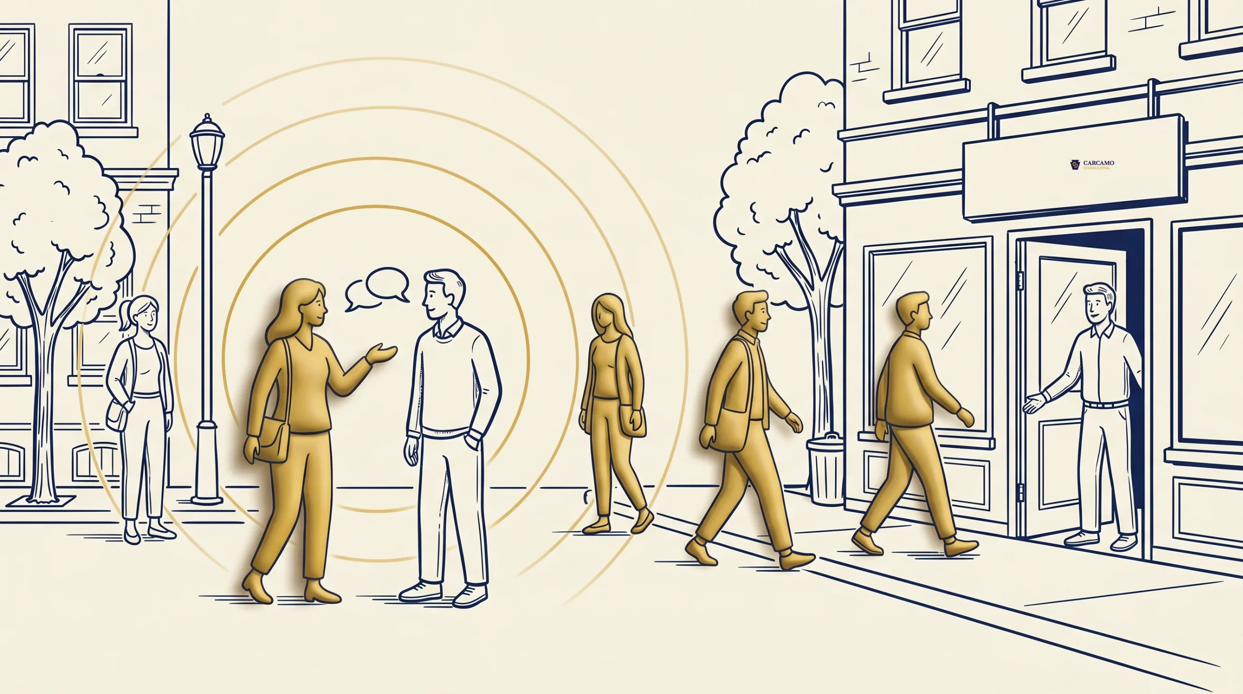 Illustration of people walking on a city sidewalk; two people are talking with conversation lines around them, while others walk by or enter a building. Some figures are colored gold, others are outlined in blue.