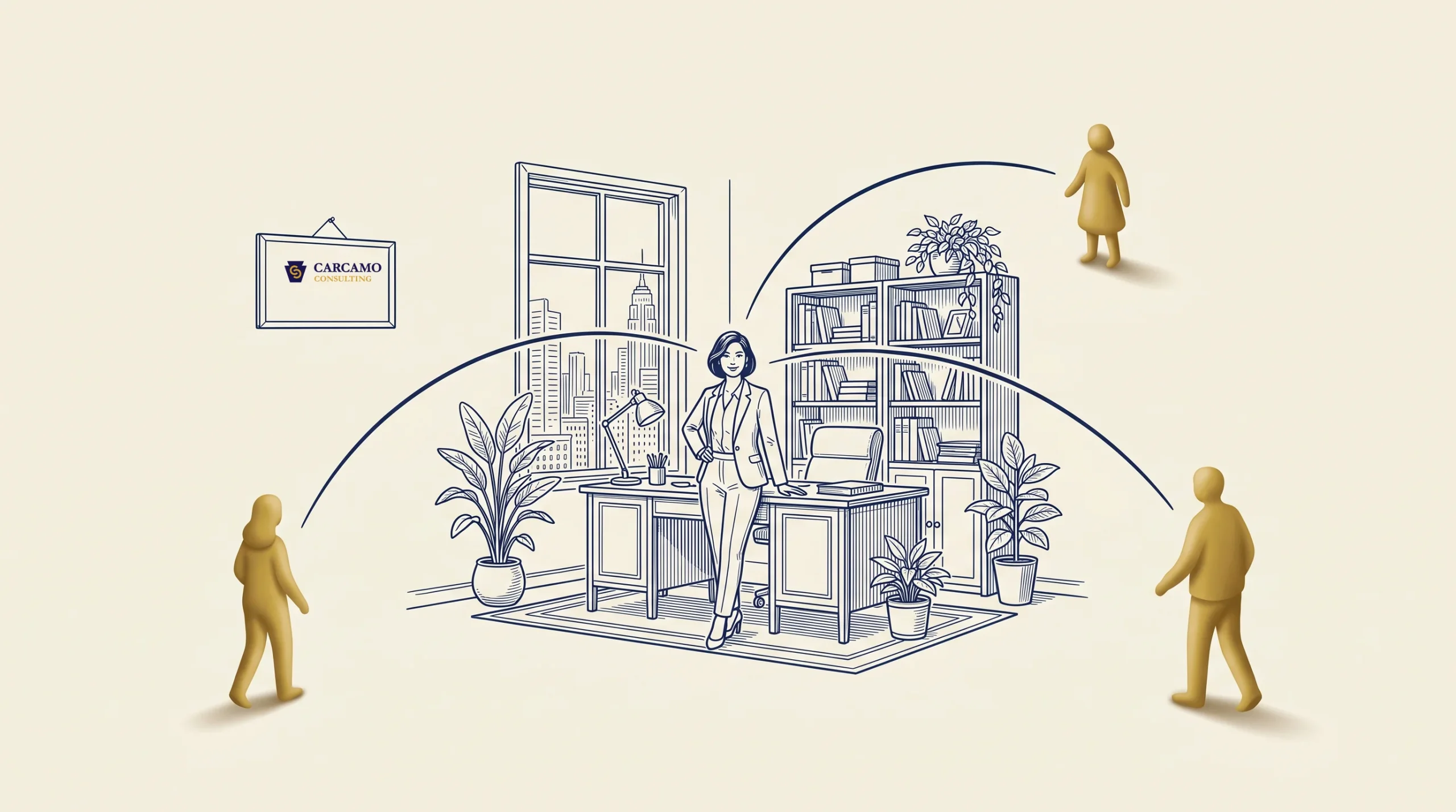 A sketched woman stands in a modern office with plants, bookshelves, and a window. Lines connect her to three simple, yellow human figures positioned outside the office scene. A framed certificate hangs on the wall.