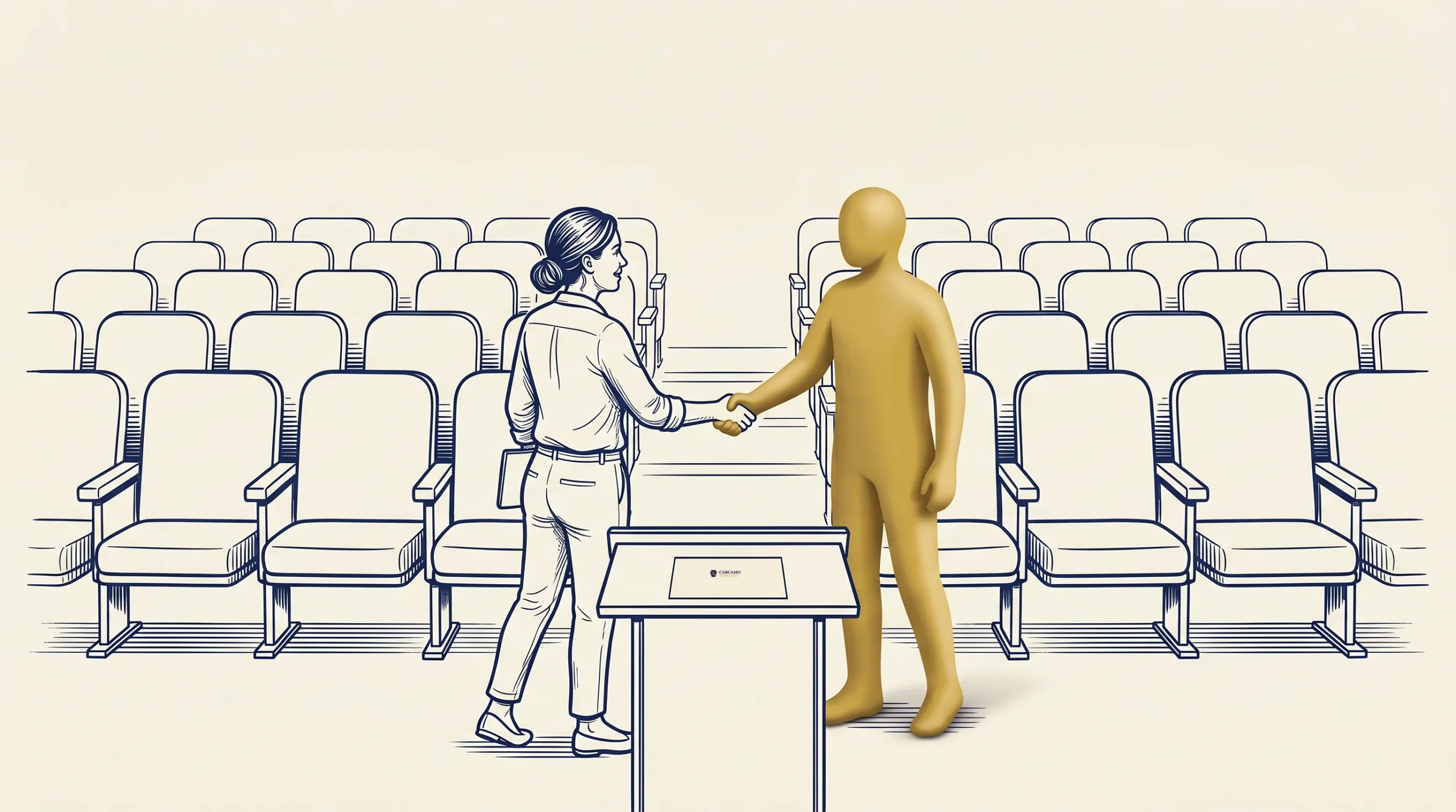 A woman and a faceless figure stand in front of an empty auditorium, shaking hands by a podium. The seats are unoccupied, and the setting appears professional or academic.