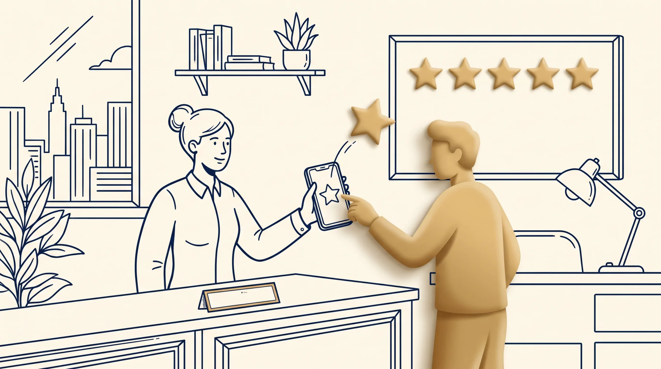 A 3D-illustrated person gives a star rating on a phone to a drawing of a receptionist at a front desk, with five stars on the wall and office decor in the background.