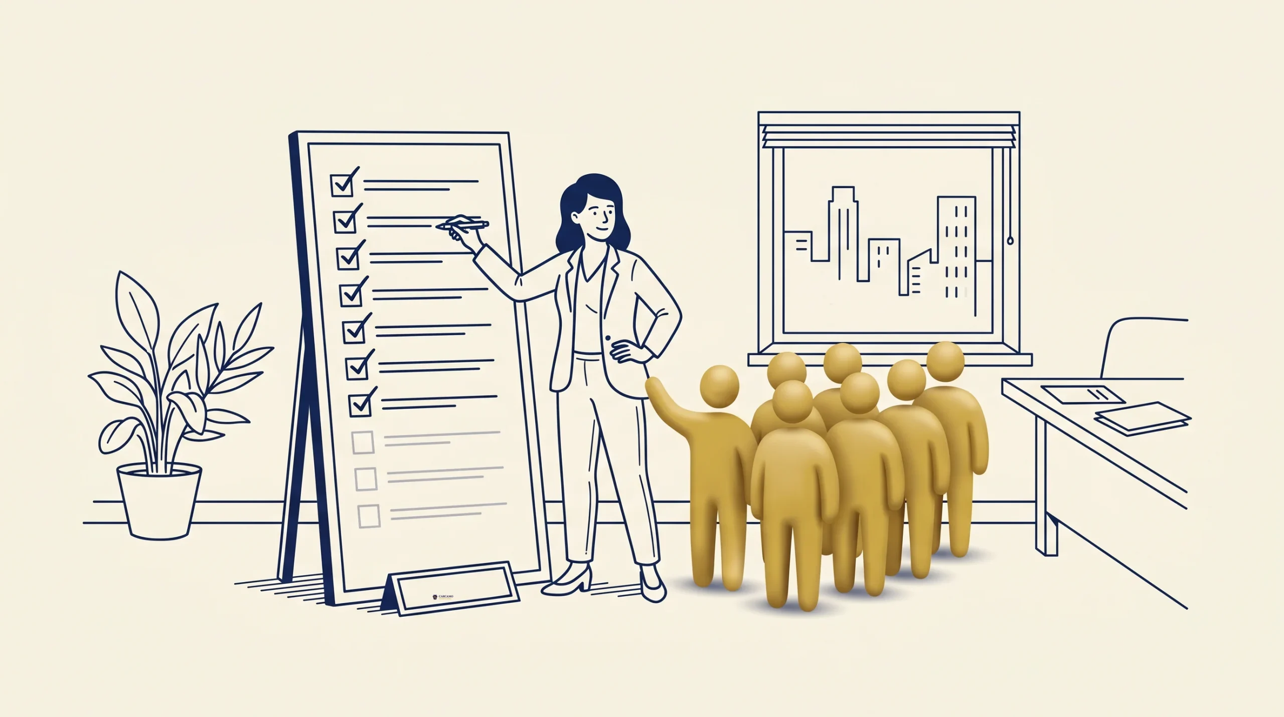 A woman stands beside a large checklist on an easel, pointing at it while a group of gold-colored figures faces her. They are in an office with a potted plant, a window showing buildings, and a desk in the background.