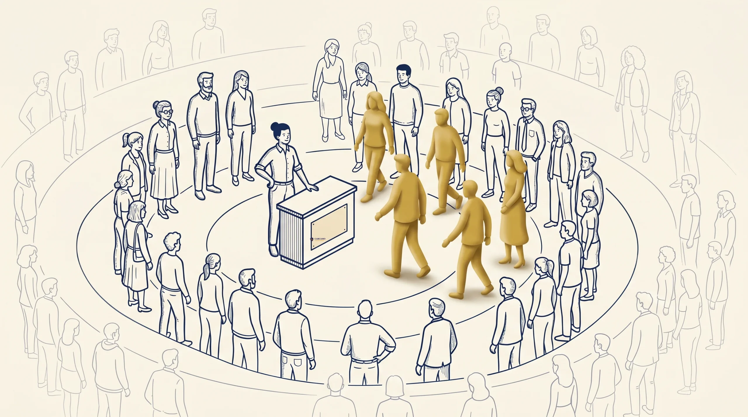 A group of gold-colored figures walks toward a person standing at a podium, surrounded by a crowd of outlined people arranged in concentric circles.
