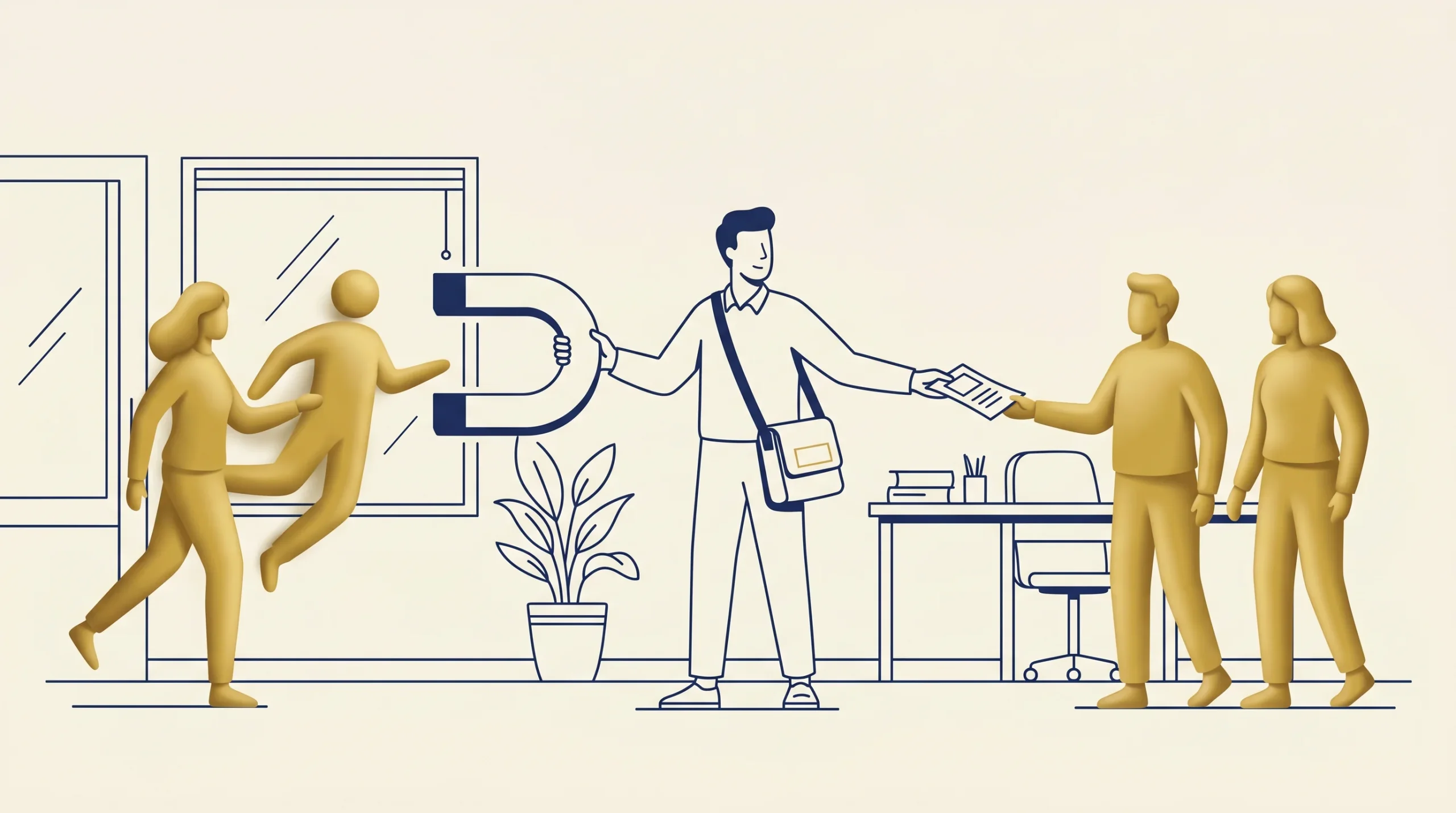 A person holds a large horseshoe magnet attracting a figure through a window, while handing a document to another figure standing by a desk with a chair and a potted plant nearby.