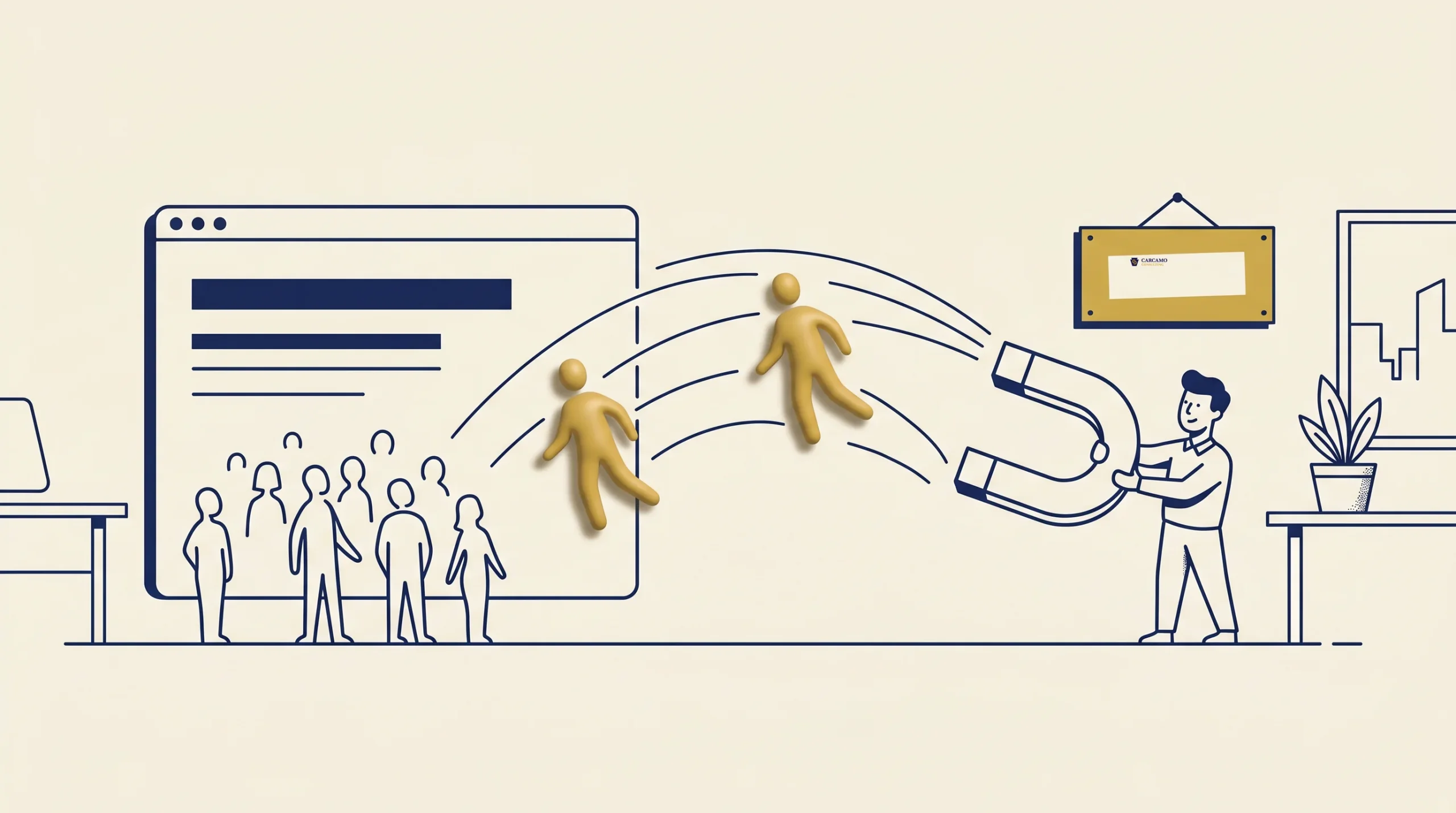Illustration of a person using a large magnet to attract two human figures from a group standing in front of a webpage, symbolizing customer acquisition or lead generation.