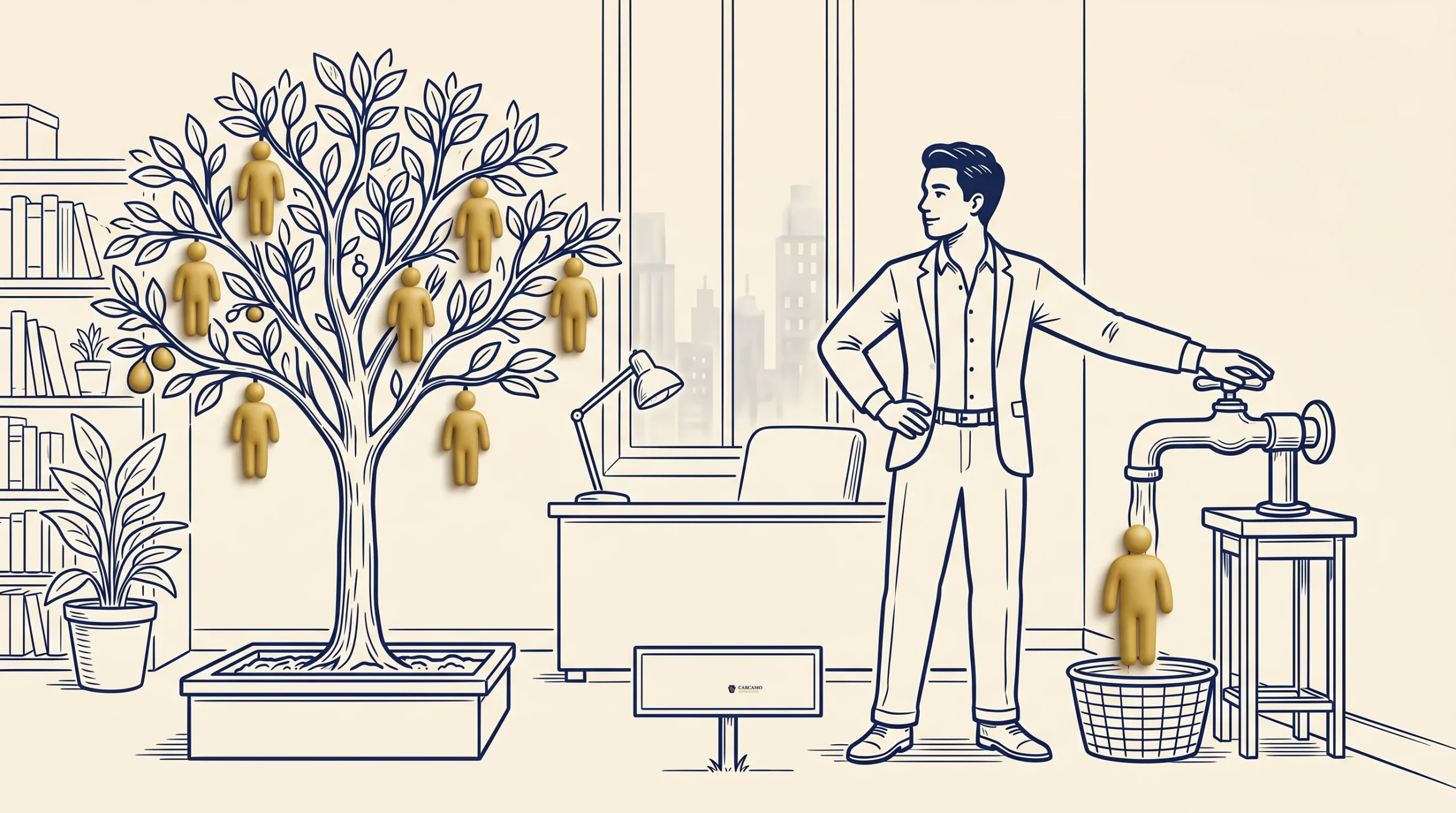 A man in an office stands beside a desk and a potted tree with human-shaped figures hanging from its branches; he tosses one figure into a wastebasket using a lever.