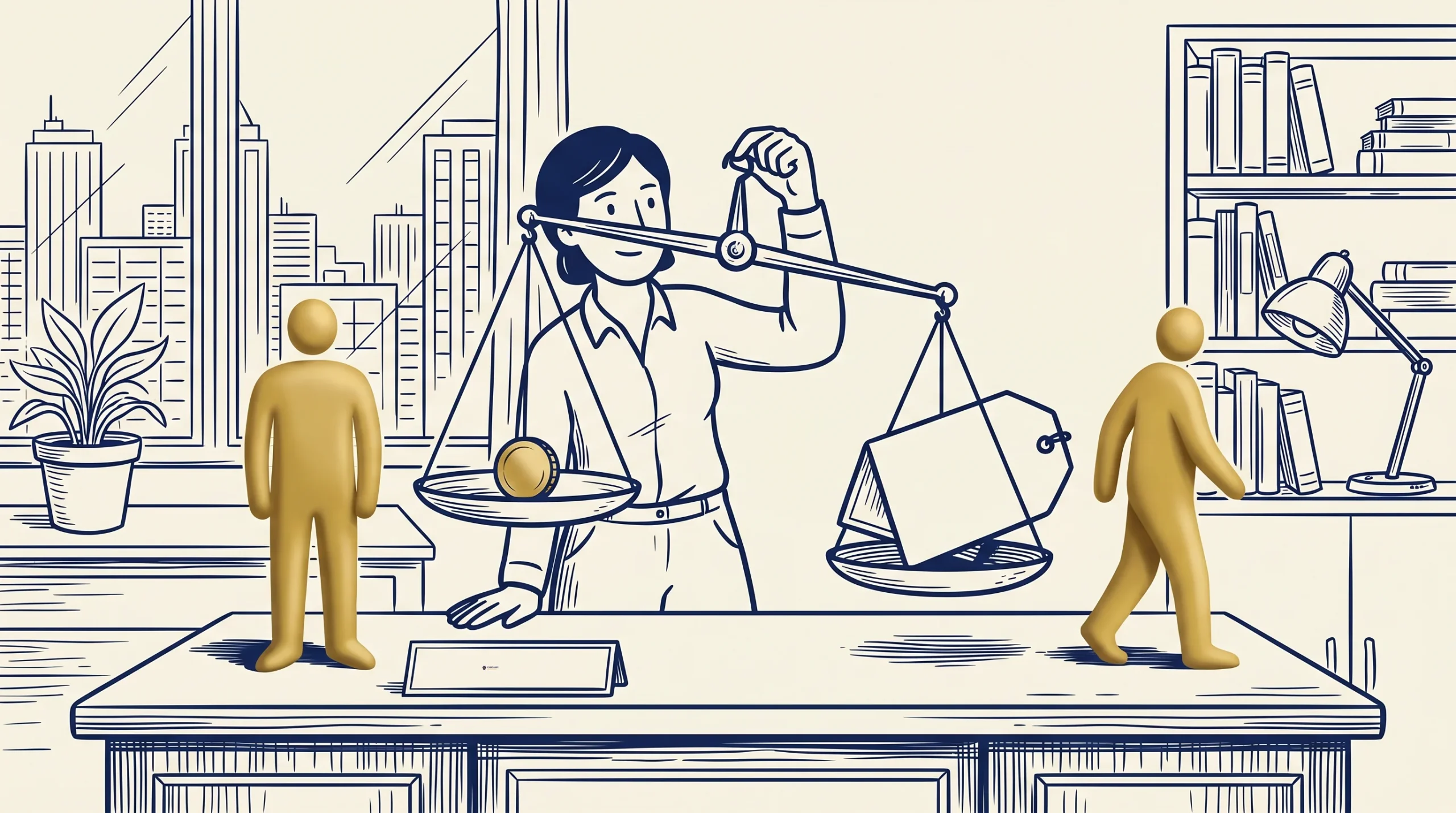 An illustrated woman stands behind a desk holding a balance scale. One side holds a gold sphere and a figure, the other holds a white cube and another figure. A city skyline is visible through the window.