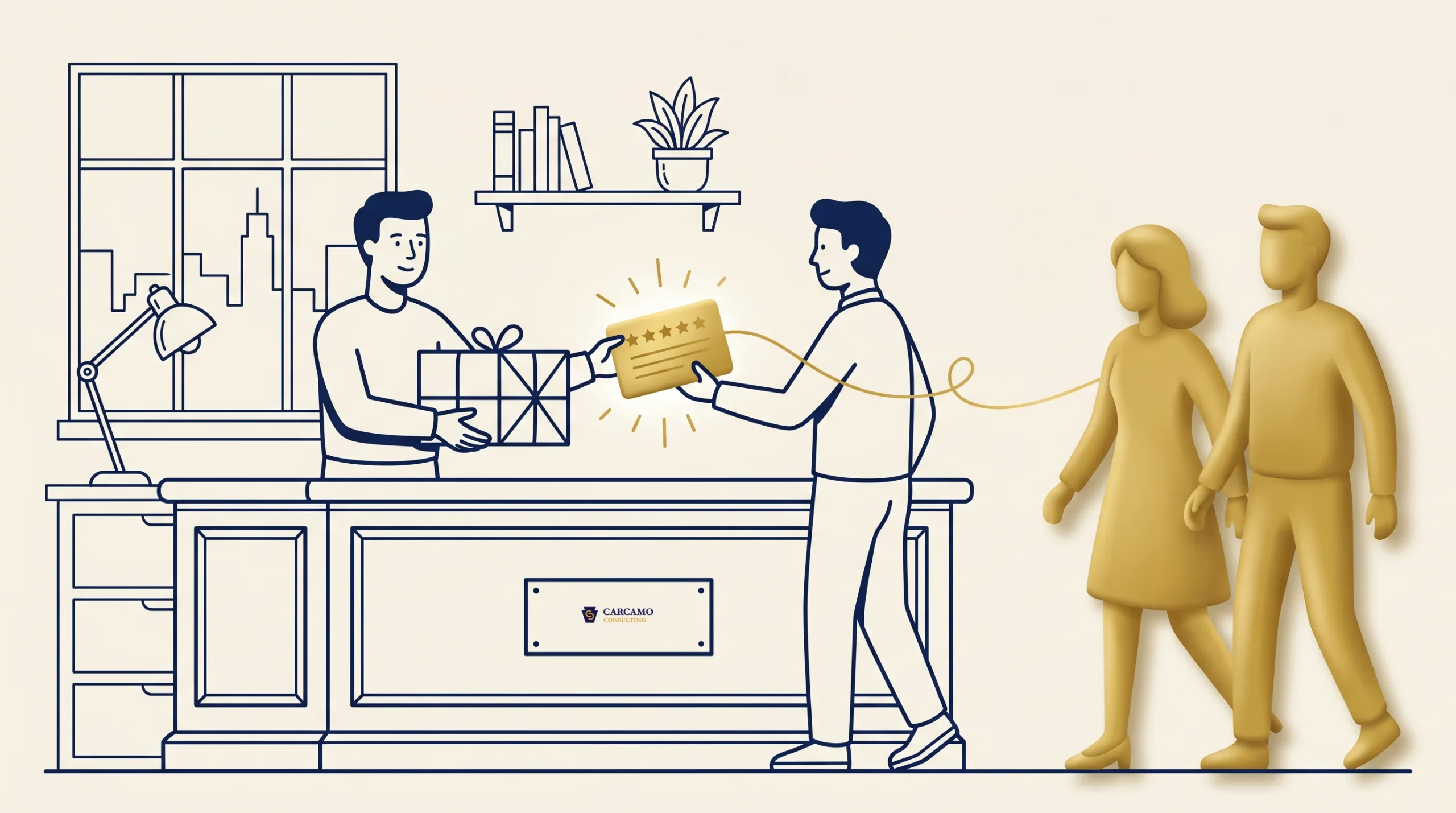 Illustration shows a man giving a gift to another man who is holding a golden card with stars. Two gold figures walk away.