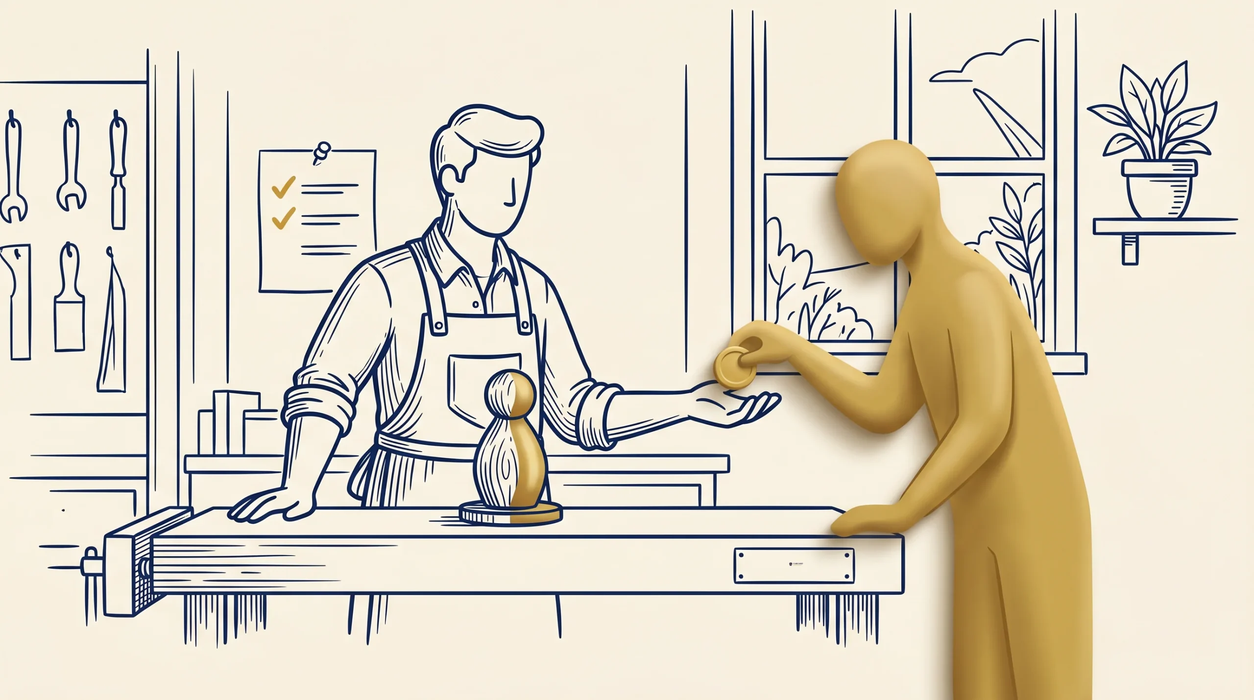 A stylized yellow figure hands a coin to a shopkeeper standing behind a counter, with various tools on the wall and potted plants near a window in the background.