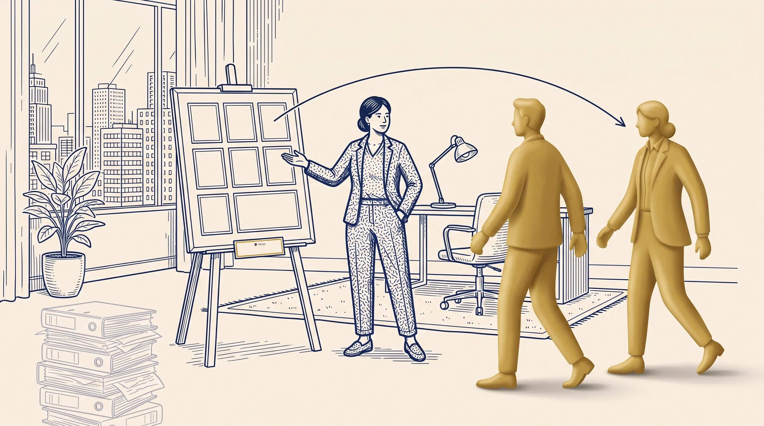 A woman stands by a presentation board in a sketched office, pointing at it. Two golden-colored figures walk past her in the foreground, while office furniture and city buildings are visible in the background.