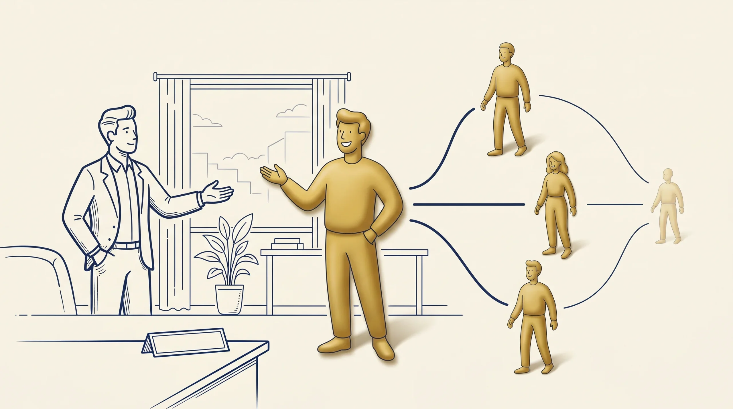 Illustration of two figures talking in an office, one drawn in outline and the other in solid color, with four additional solid-color figures connected in pairs by lines to the central figure.