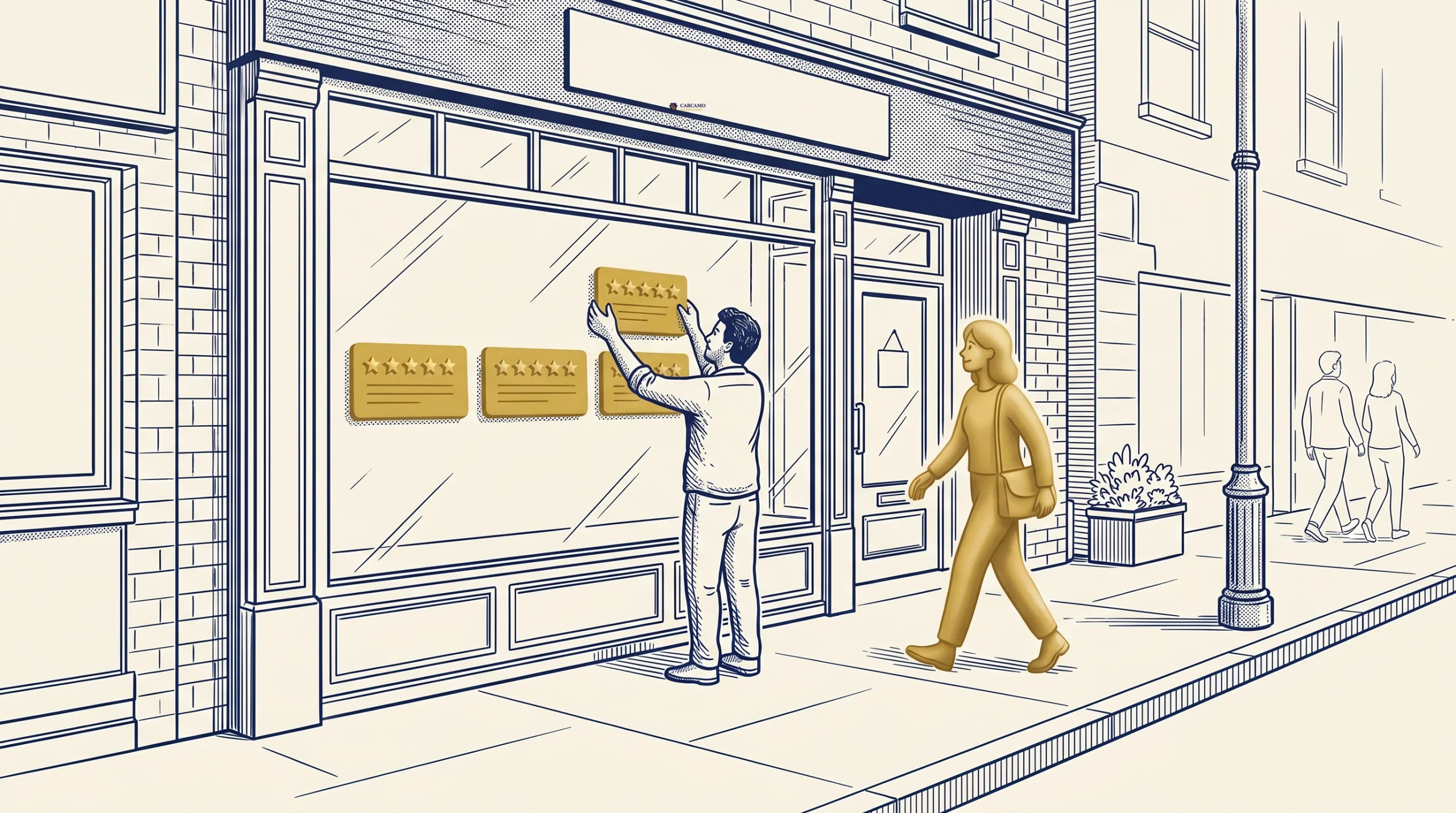 A person is placing star rating plaques on a storefront window while another person walks by on the sidewalk. The scene is illustrated in a simple, line-drawing style with limited color accents.