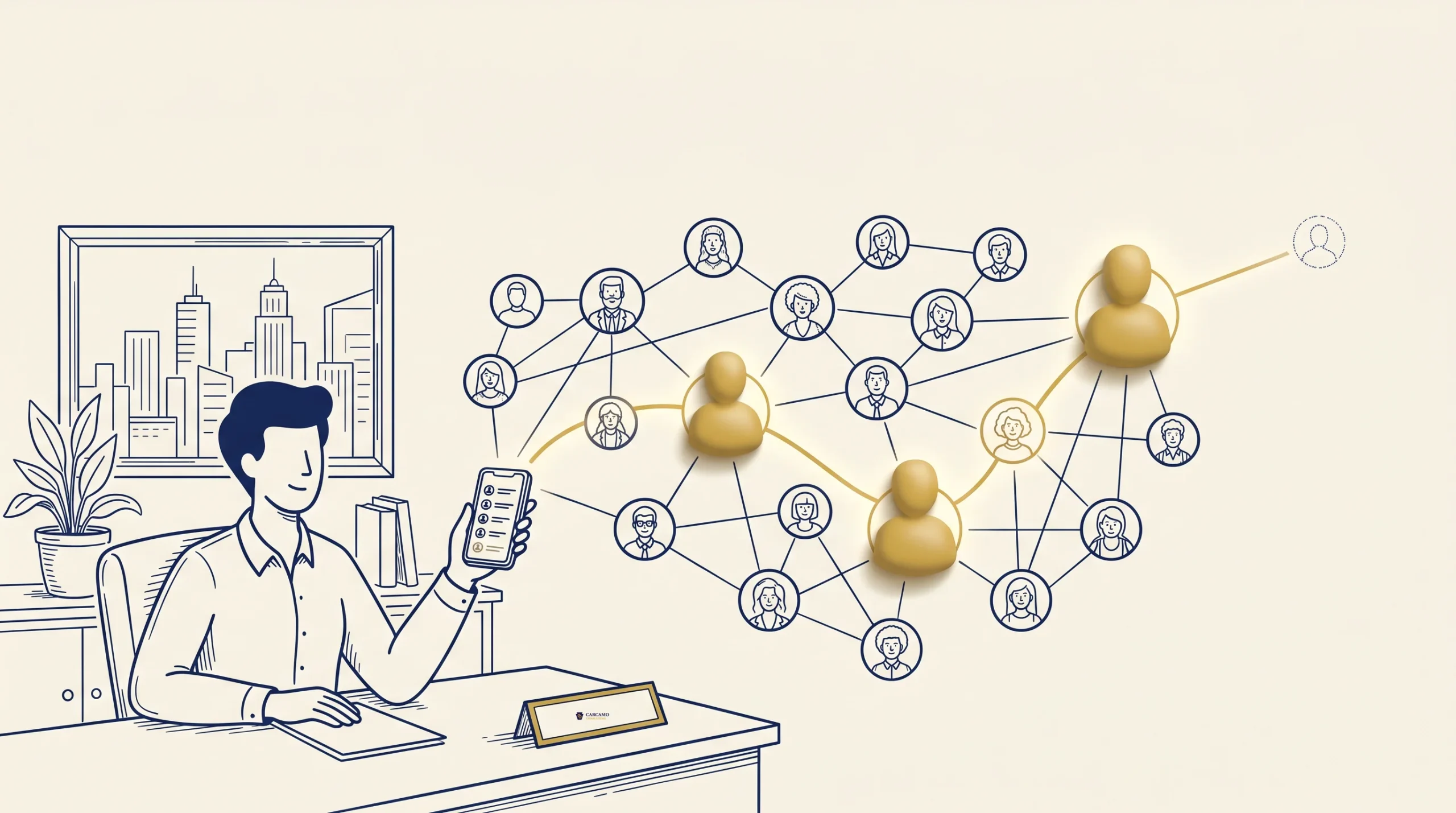 A person at a desk holds a smartphone, looking at a network diagram connecting various profile icons, with three gold icons highlighted, symbolizing connections or key individuals in a social or professional network.