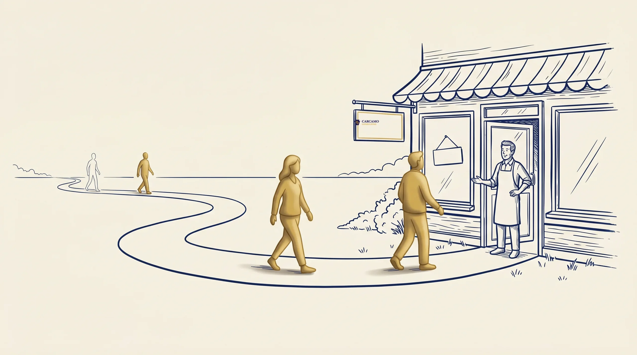 Illustration of three simplified human figures walking on a winding path toward a storefront, where a figure in an apron stands at the door. A sign hangs on the store, and a fourth figure walks away in the background.