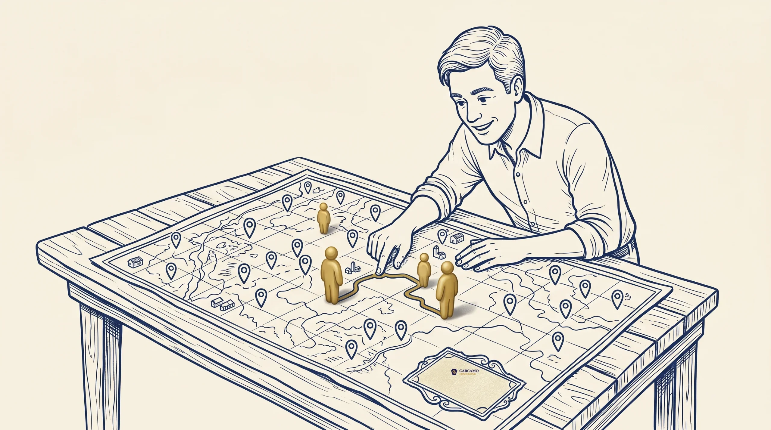 A person places game pieces on a large map spread across a table. The map features various location markers, and several other pieces are positioned on different locations. The setting resembles a strategic board game.