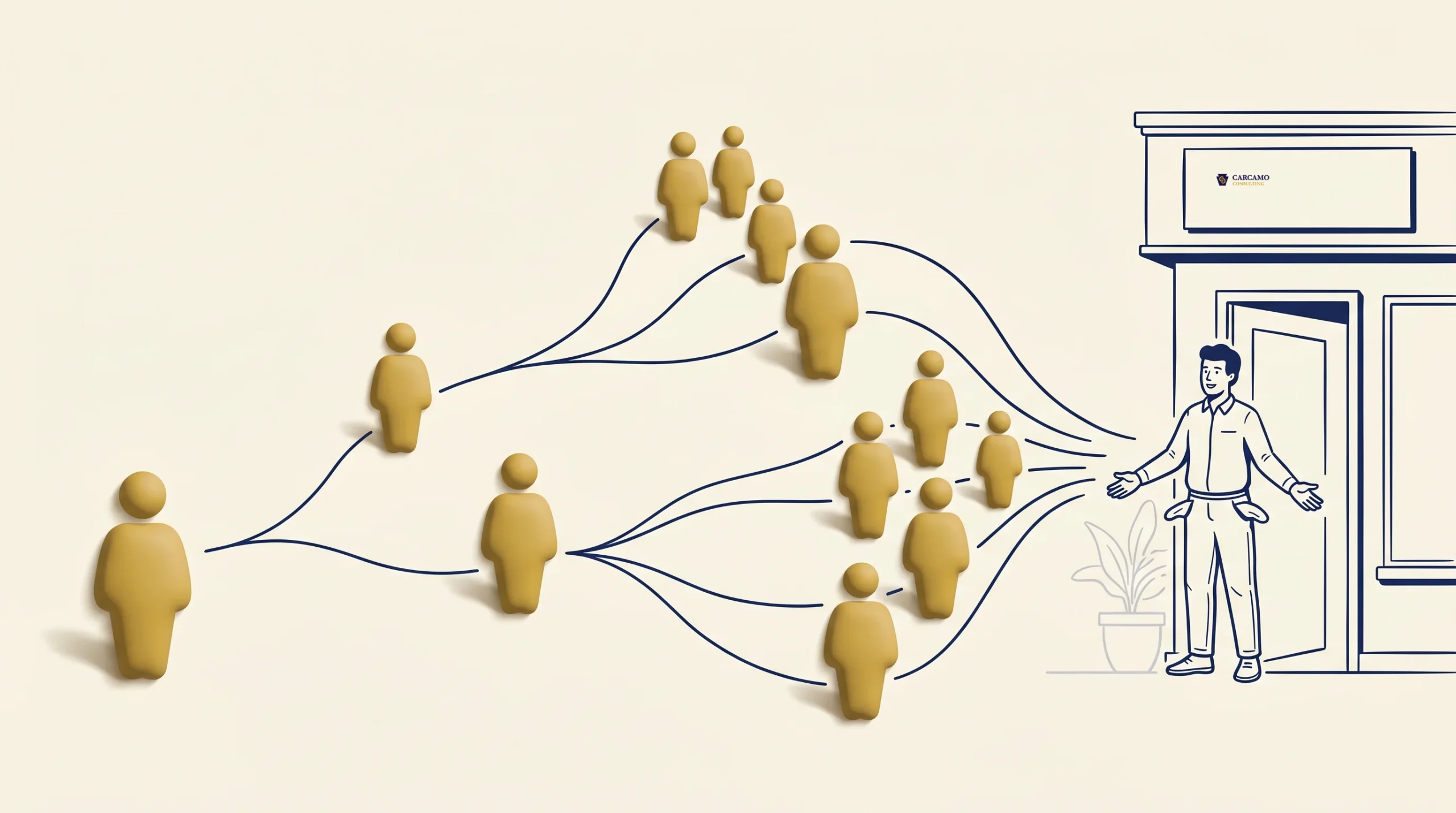 Illustration of multiple yellow human figures with arrows pointing towards a person standing at the entrance of a building, suggesting people being guided or directed to one location.