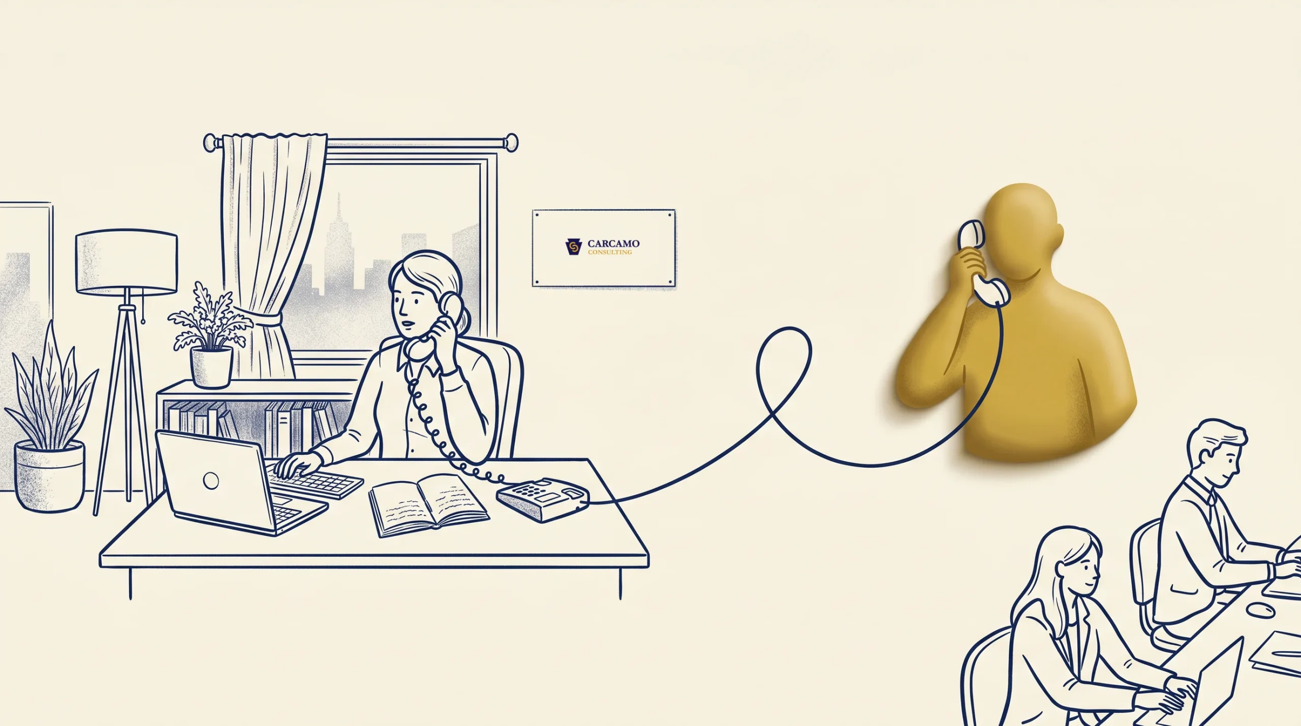 An illustrated person at a desk talks on a corded phone, connected to a faceless yellow figure. Nearby, two other illustrated people work at desks. A window and bookshelf are in the background.