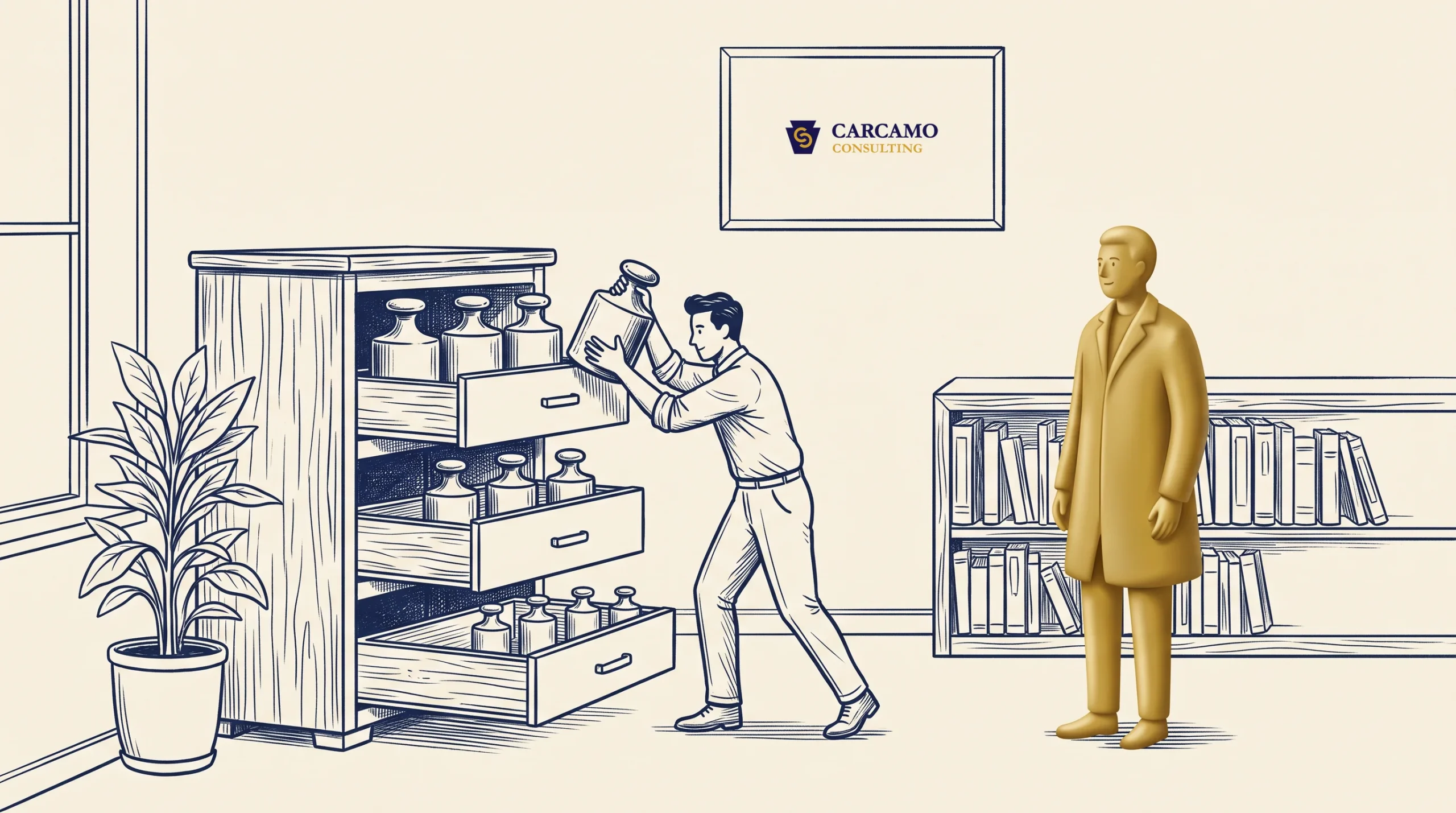 An illustrated man places a large bottle on a shelf with drawers, while a gold-colored figure in a coat stands nearby. Bookshelves, a plant, and a framed “Carcamo Consulting” sign appear in the background.
