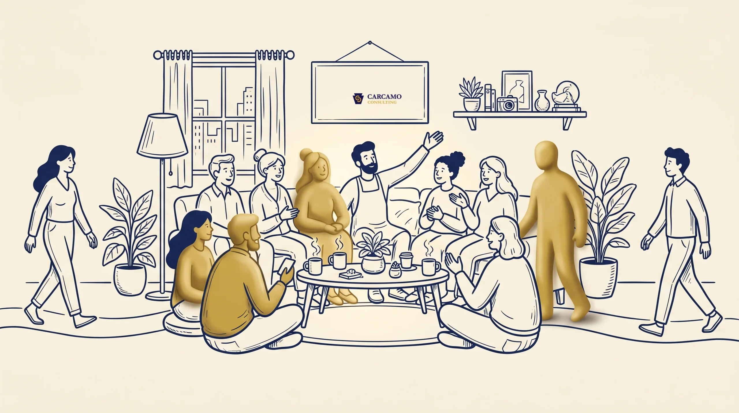 Illustration of ten people gathered in a living room, sitting or standing, with some colored gold. The setting includes a couch, plants, a coffee table with drinks, and a window. A framed logo hangs on the wall.