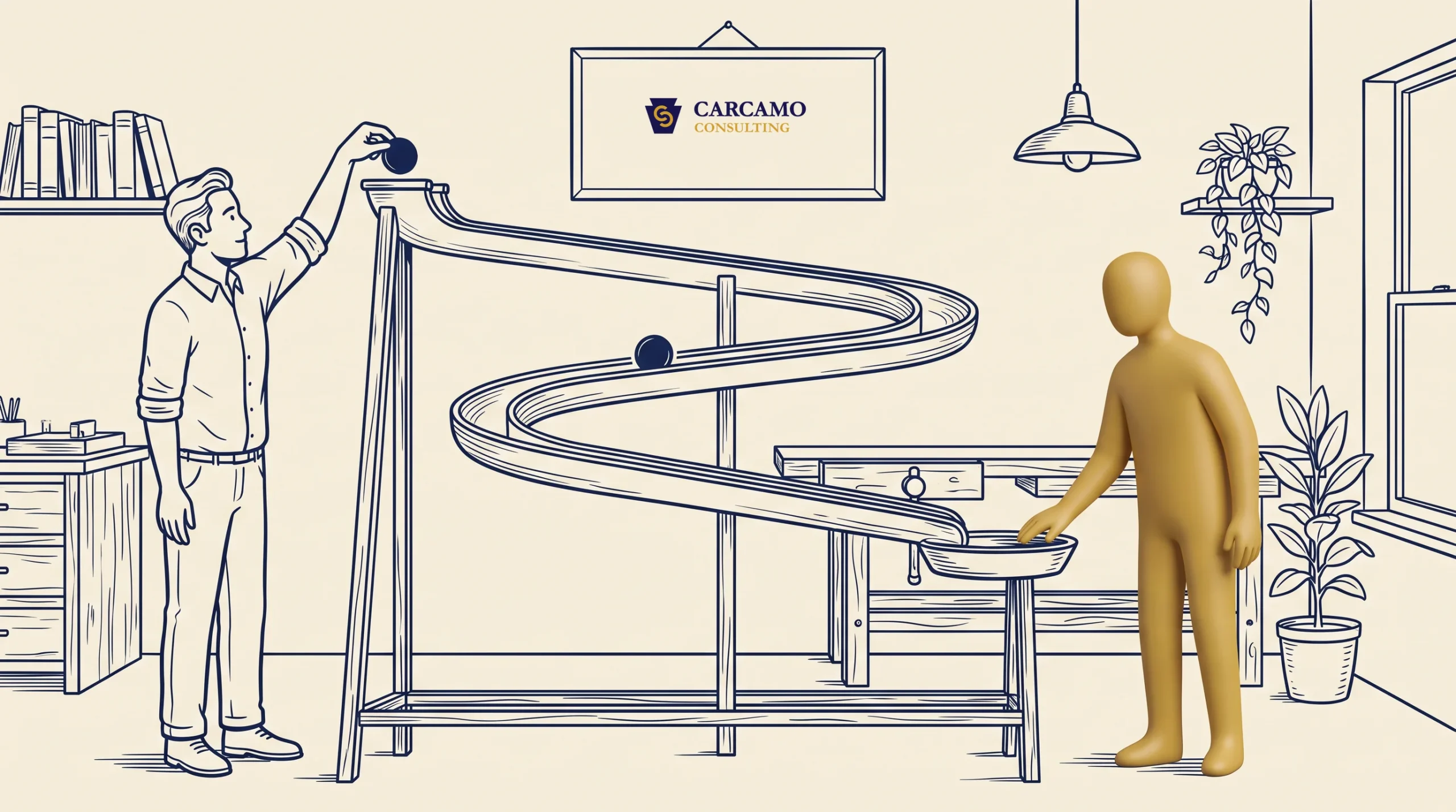A person places a ball at the top of a winding track while another figure waits at the bottom. The background includes shelves, a desk, and a framed Carcamo Consulting sign.