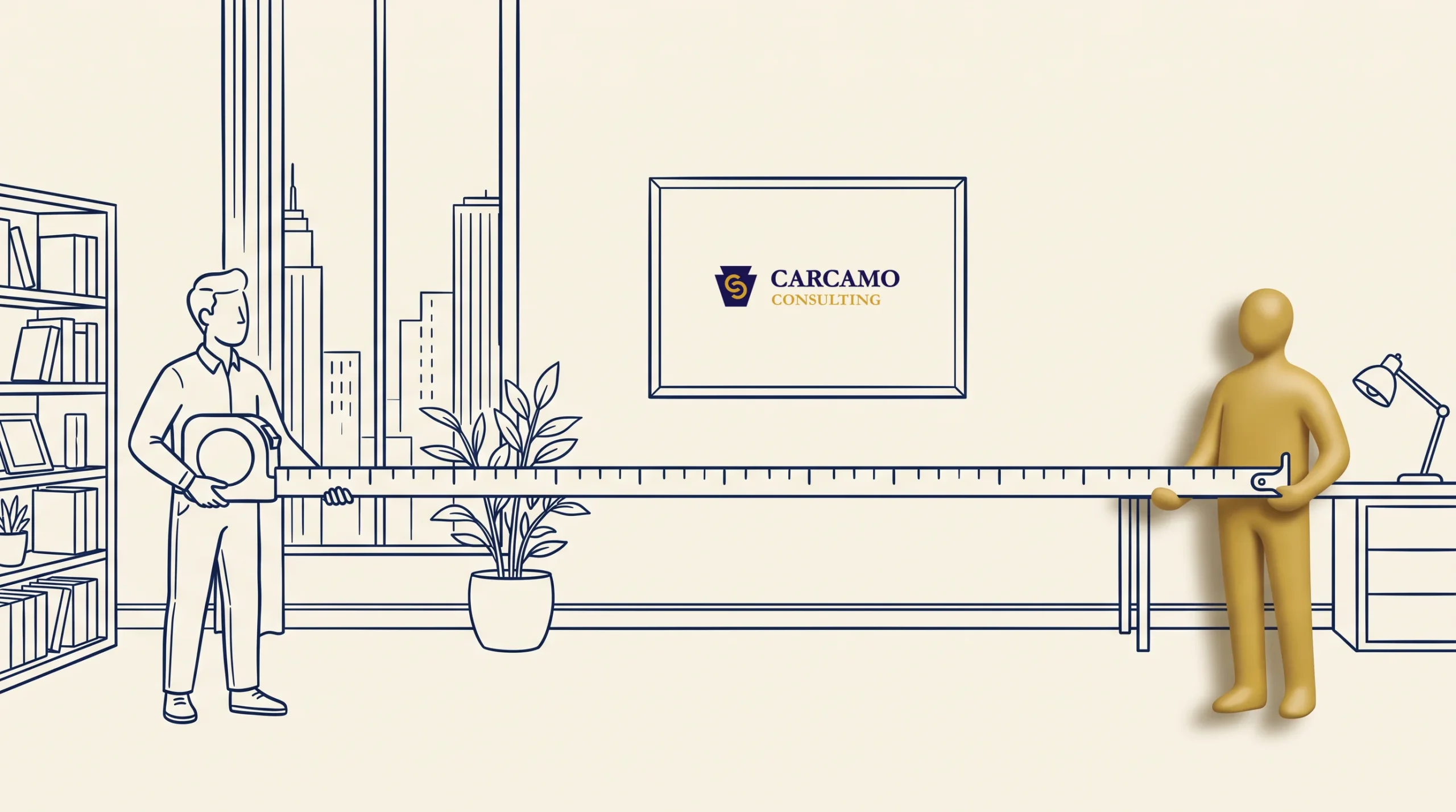 Two illustrated figures in an office use a large ruler spanning a desk. One holds the ruler by a bookshelf; the other stands by a lamp. A framed Carcamo Consulting logo hangs on the wall. City buildings are visible through windows.